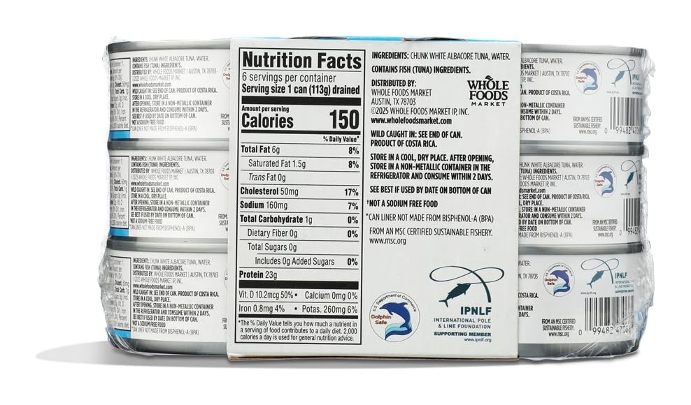 No Salt Added Albacore Tuna 6-Pack, 5 Ounce Cans in Water for Healthy Meals