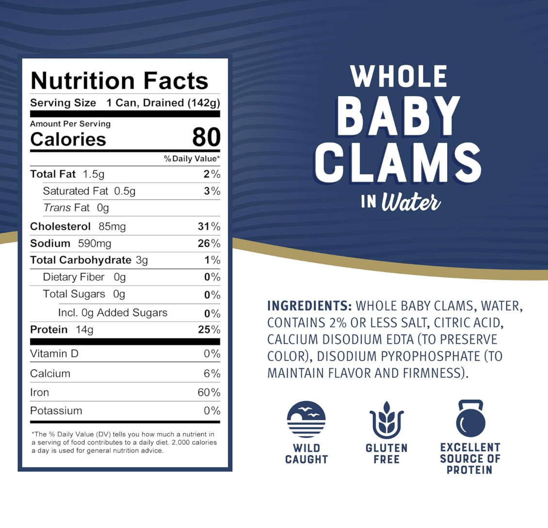 Whole Baby Canned Clams, 10 Oz Can (Pack of 12) – Ready to Eat – 13G Protein