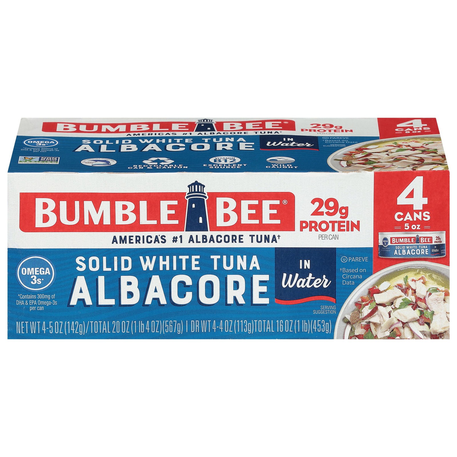 (4 Cans) Solid White Albacore Tuna in Water, 5 oz