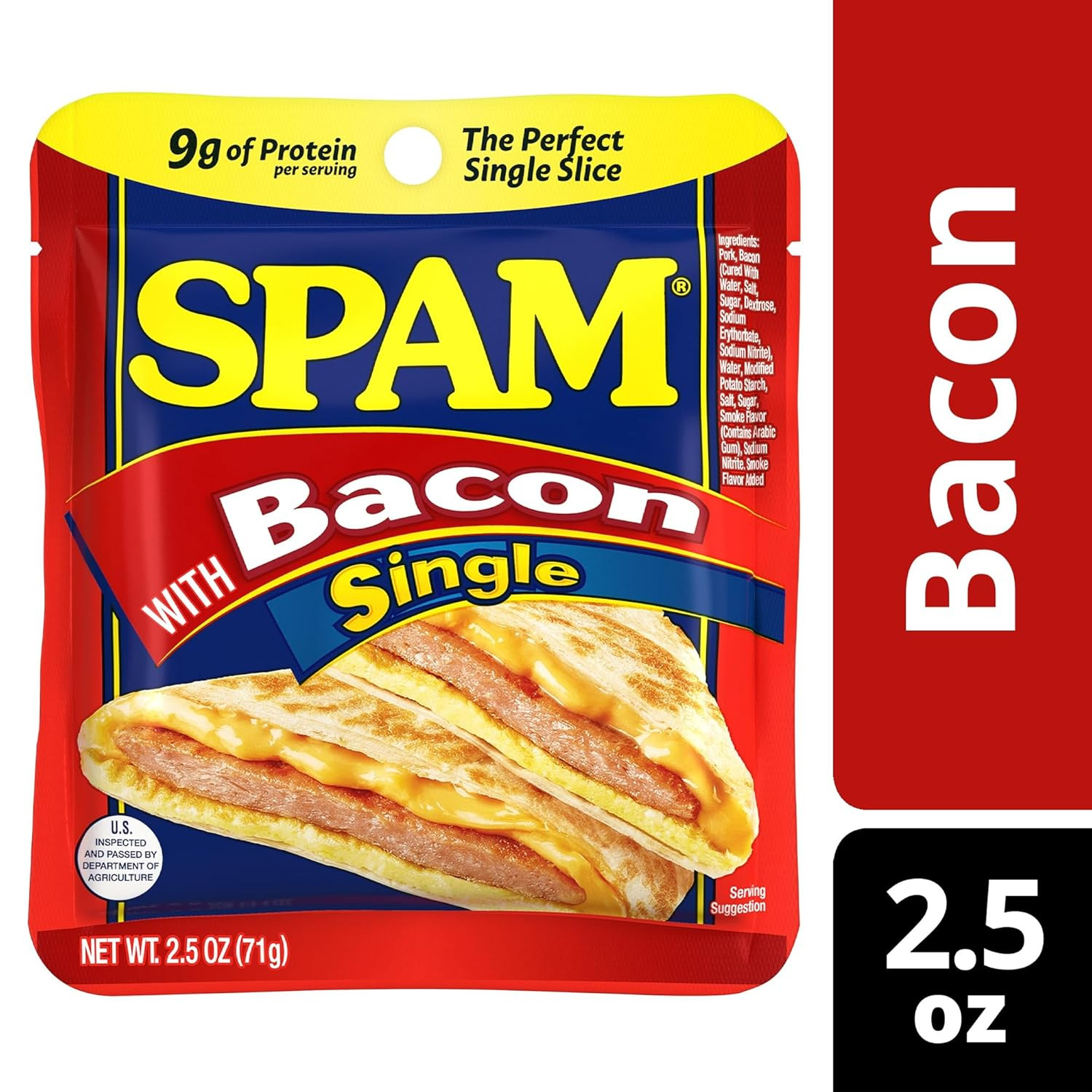 SPAM Bacon Single Pouches, Fully Cooked Pork with Ham, 2.5 oz, 12 Pack