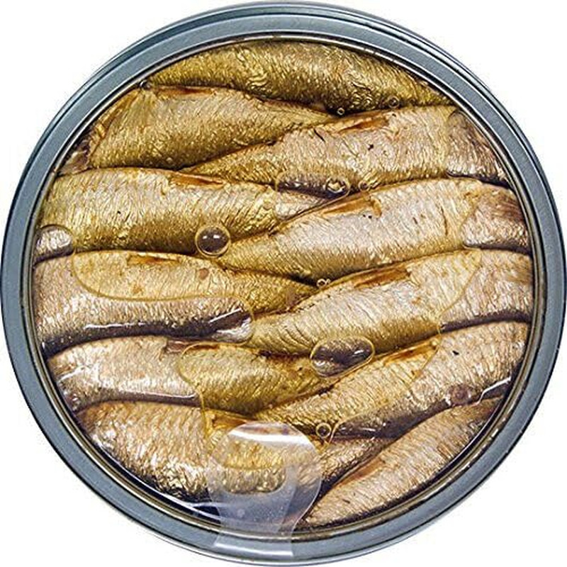 Riga Gold Smoked Brisling Sardines in Olive Oil 4.23 Clear Top Ounces (120G) (Pa