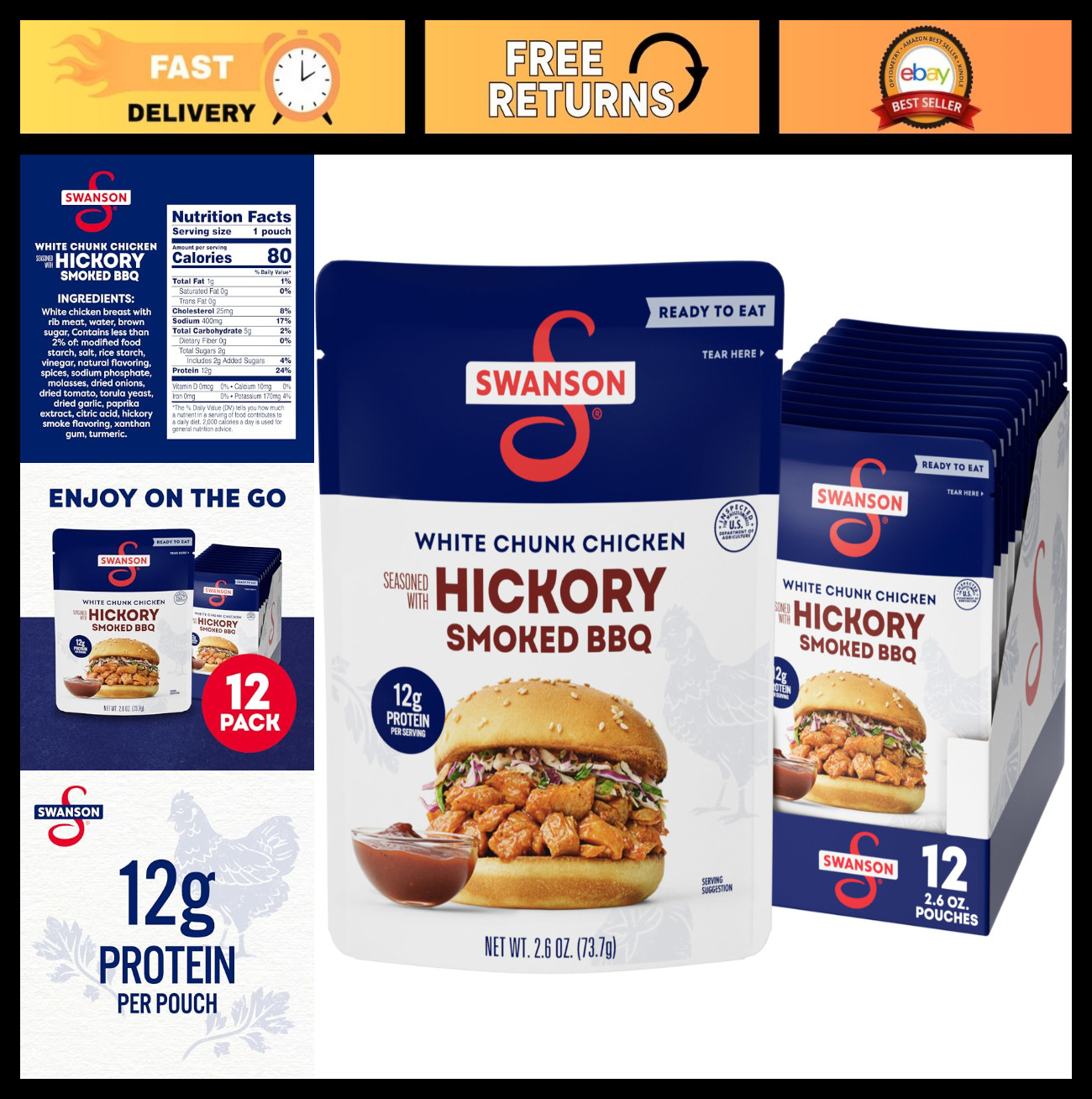 Fully Cooked Hickory Smoked BBQ Chicken Chunks, 2.6 oz Pouch, 12 Pack