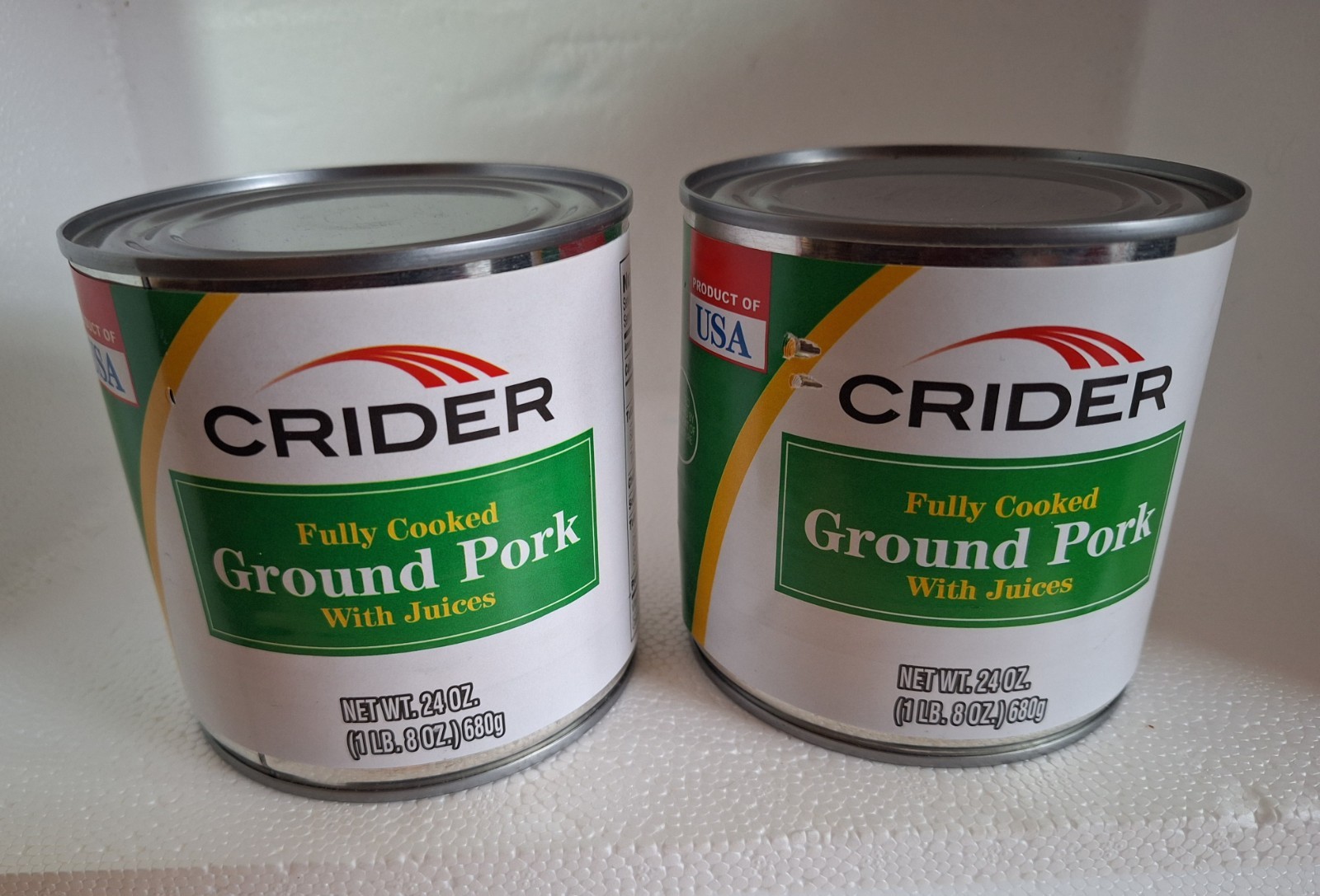 Lot of (2) Crider Fully Cooked Ground Pork Canned 24oz Exp. 2028