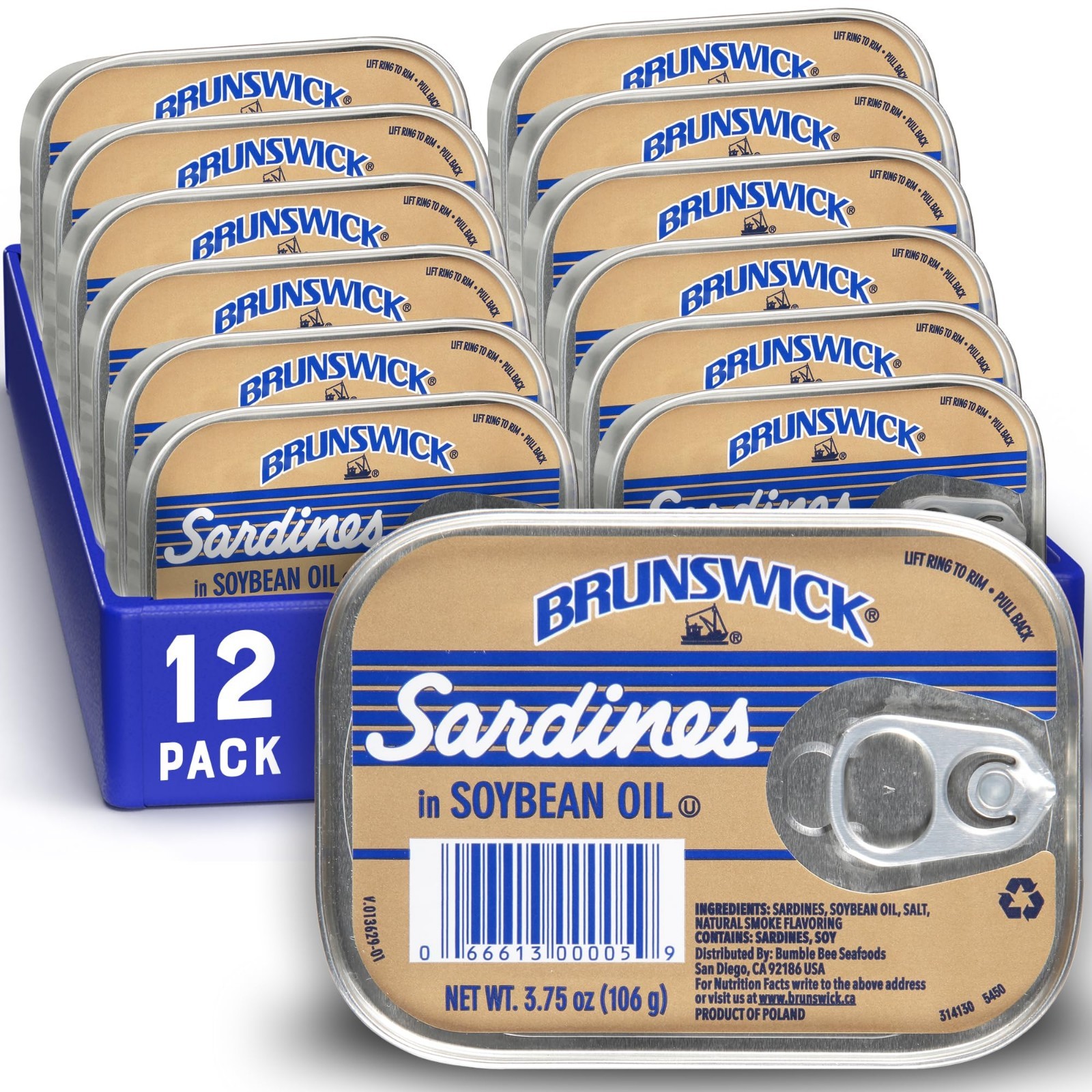 Brunswick Wild Caught Sardines in Soybean Oil, 3.75 oz Can (Pack of 12)