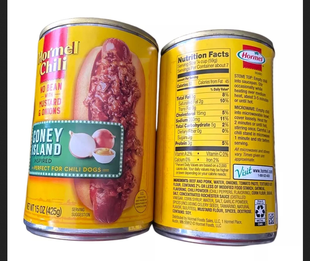 Hormel Chili No Bean Coney Island Hot Dog Mustard Onion 4 15 oz CANS exp 8/27
