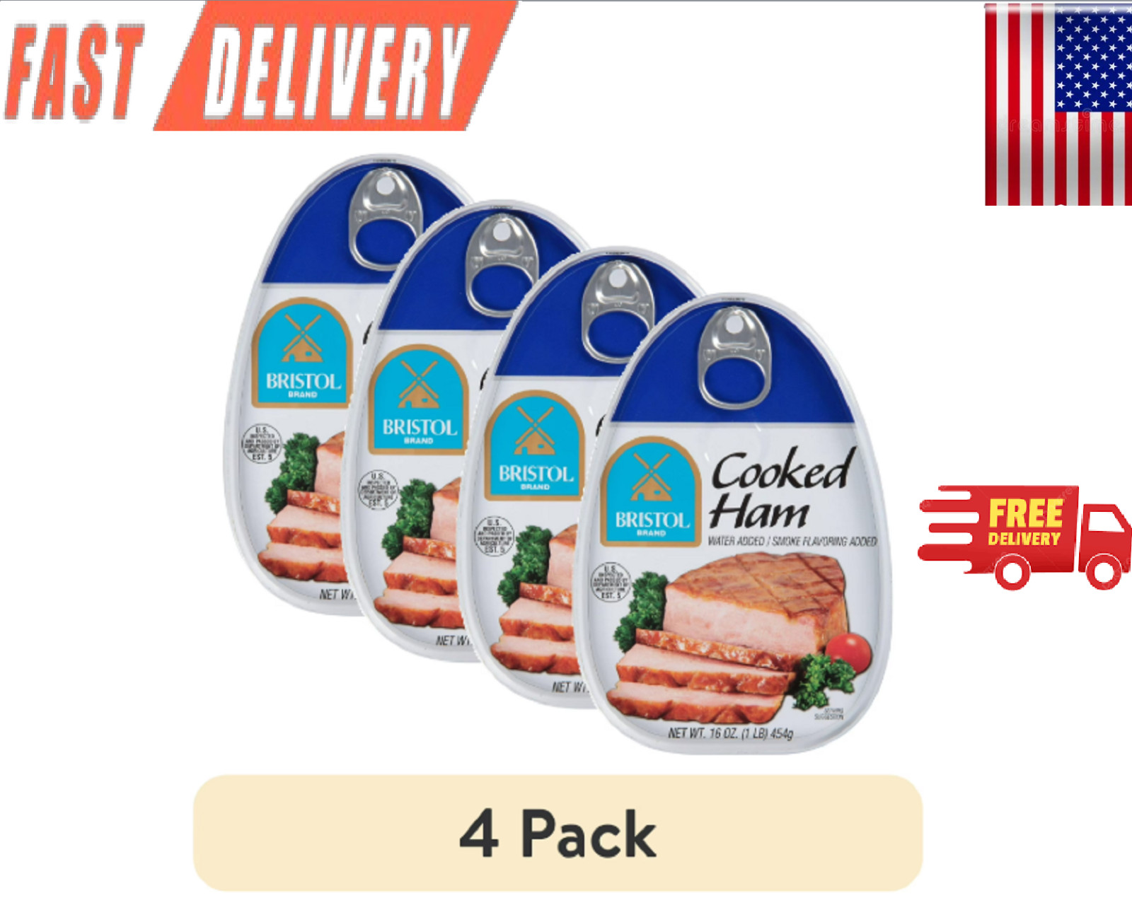 (4 pack)Bristol Brewing Company Brand Smoke Flavor Cooked Ham,High Protein, 16oz