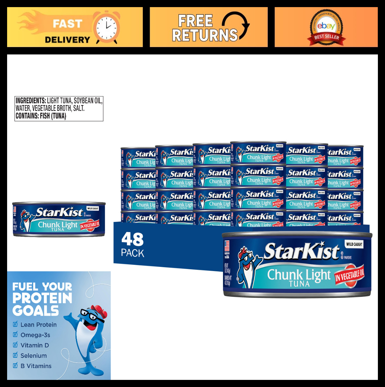 Chunk Light Tuna in Oil, 5 Oz Cans – Bulk Pack of 48, High Protein, Low Fat