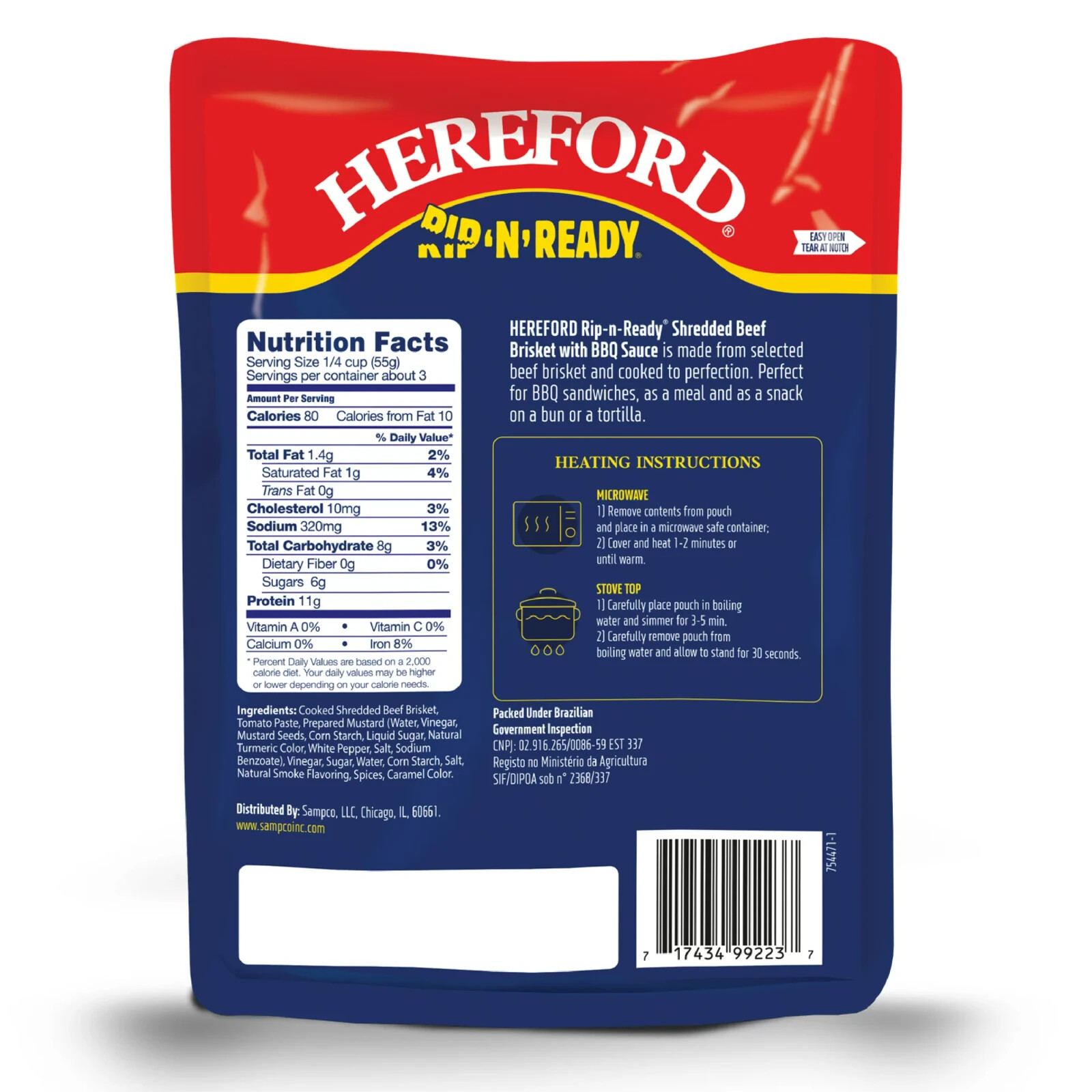 Hereford Shredded Beef Brisket & Beef Broth Ready to Eat Meat 3 Pouches 10/2026