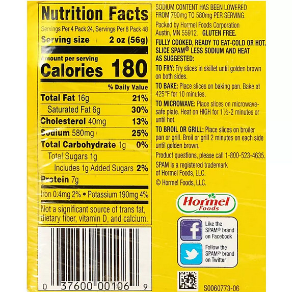 SPAM Less Sodium 12 oz 8 Pack Canned Meat Reduced Salt Pantry Staple