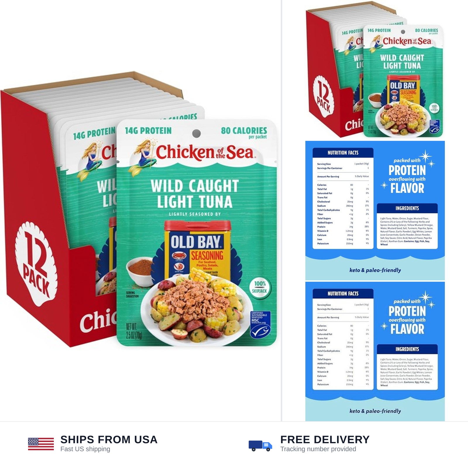 Chicken of the Sea Lightly Seasoned OLD BAY Wild Caught Light Tuna, 2.5 Ounce…