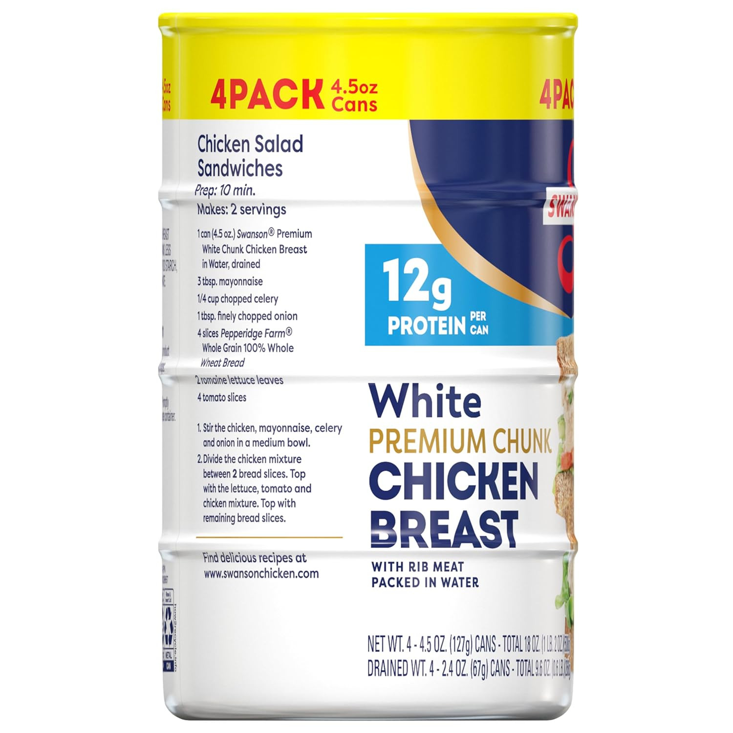 Swanson White Premium Chunk Chicken Breast with Rib Meat in Water, 4.5 Oz. (Pack