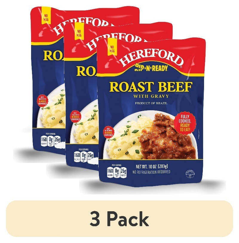 (3 pack) Hereford Fully Cooked Roast Beef with Gravy, Shelf Stable Pouch, 10 oz