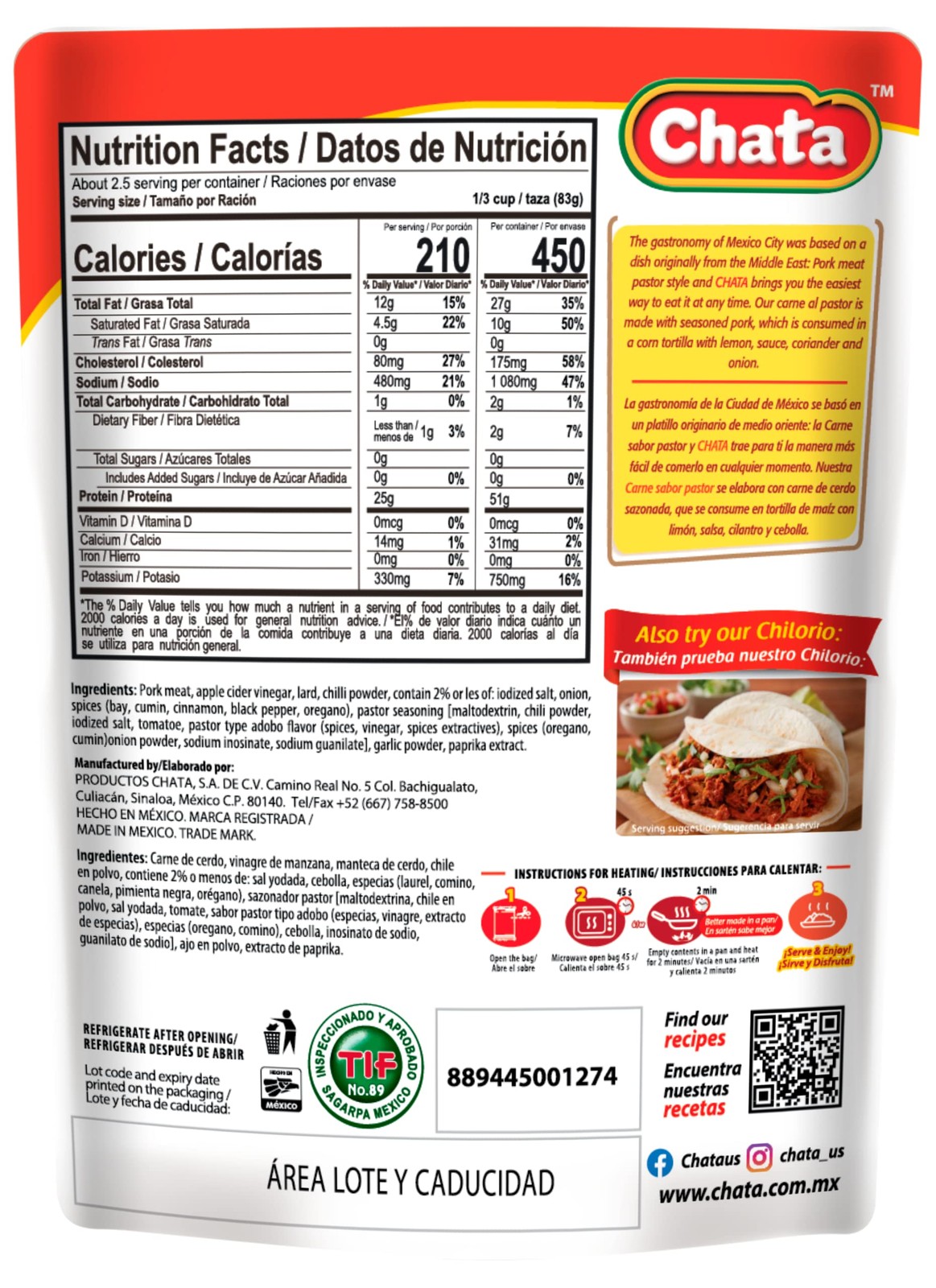 Chata Pork Meat Pastor Style Pouch 8 Oz (Pack of 2)