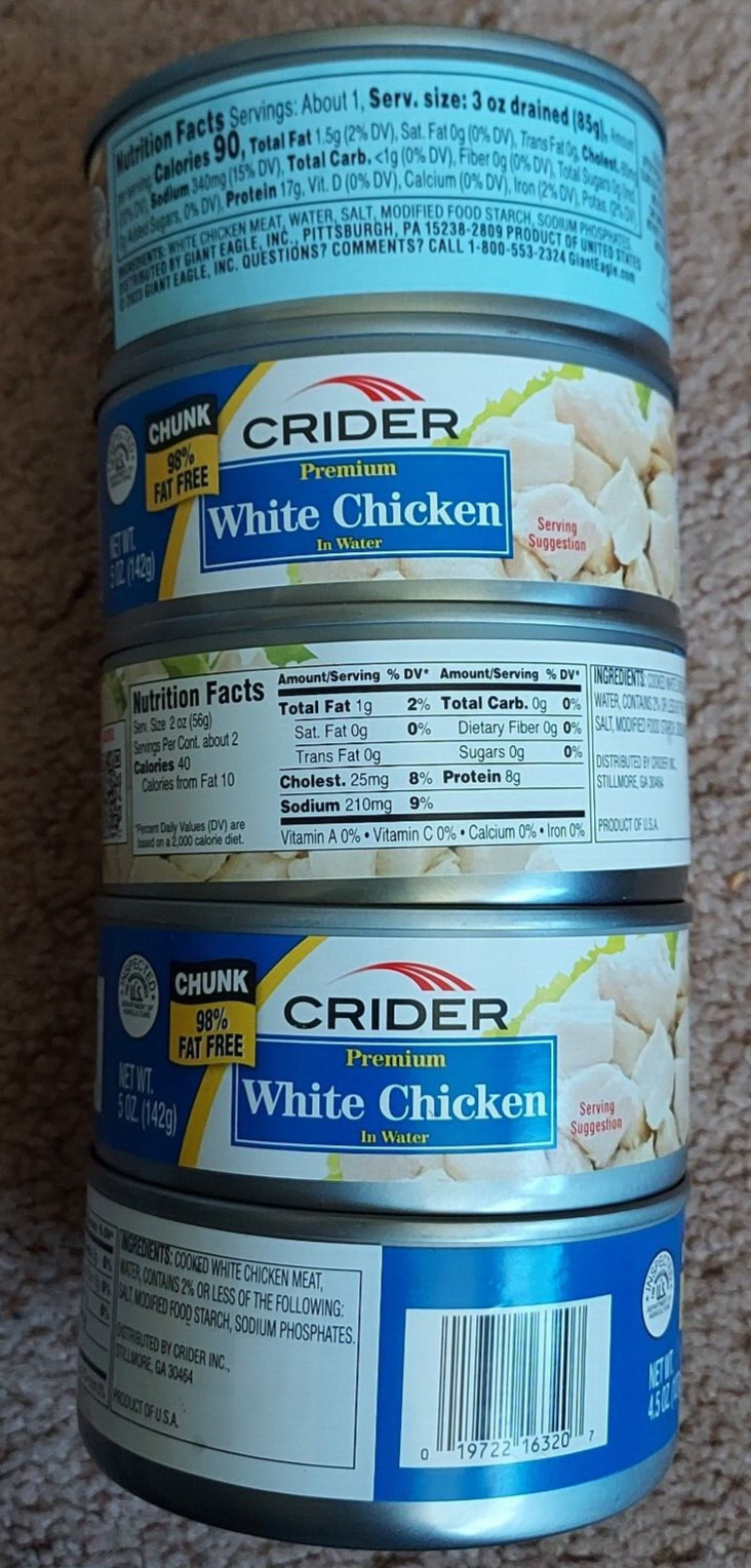 5 small cans Premium White Chicken in water 98% fat free easy open ready to eat