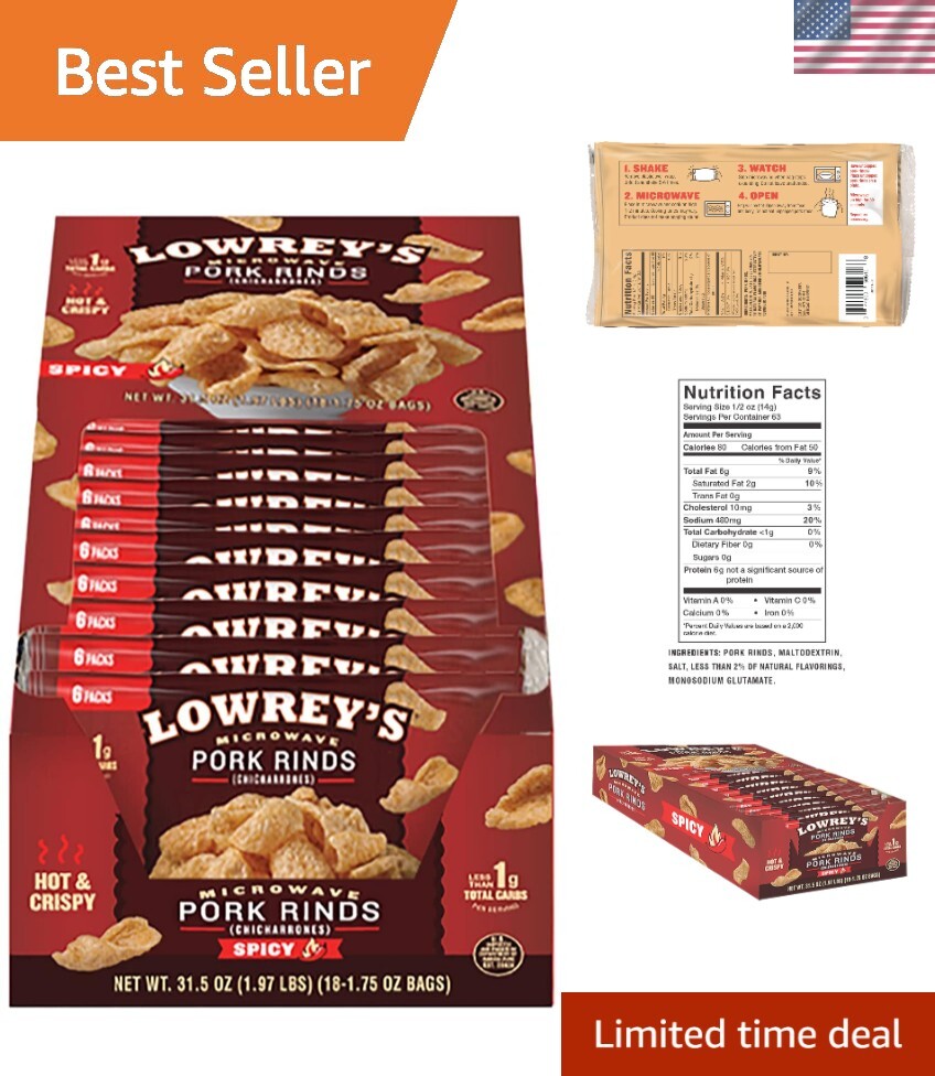 Delicious Low-Carb Hot & Spicy Pork Rinds, 1.75oz Bags, 18 Pack – Snack Anytime!