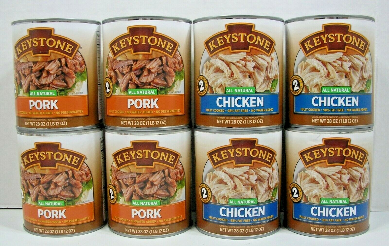 (8 Cans – 4 of each) Keystone Pork & Chicken ALL NATURAL – NO PRESERVATIVES 28oz