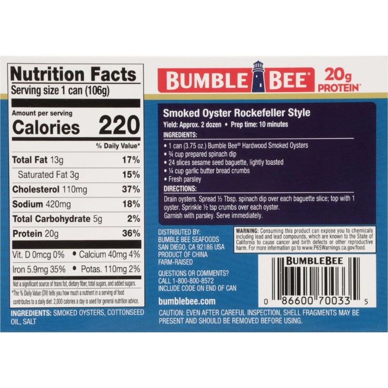 (4 pack) Bumble Bee Hardwood Canned Smoked Oysters, 3.75 oz Can