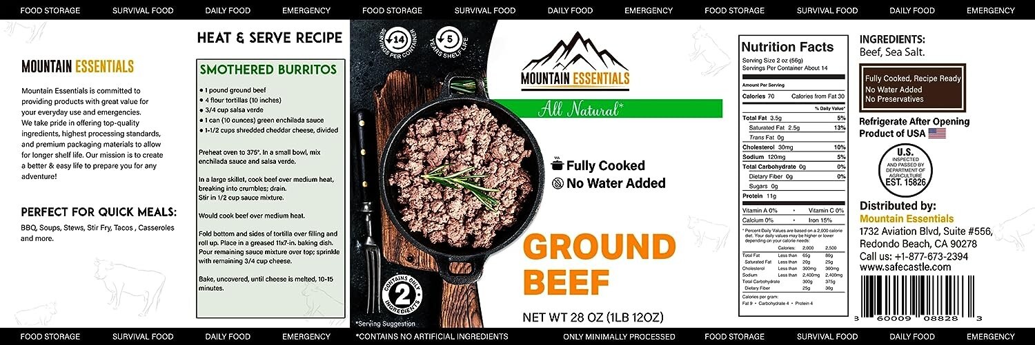 6 Cans – Mountain Essentials All Natural Ground Beef Fully Cooked 28oz Meat