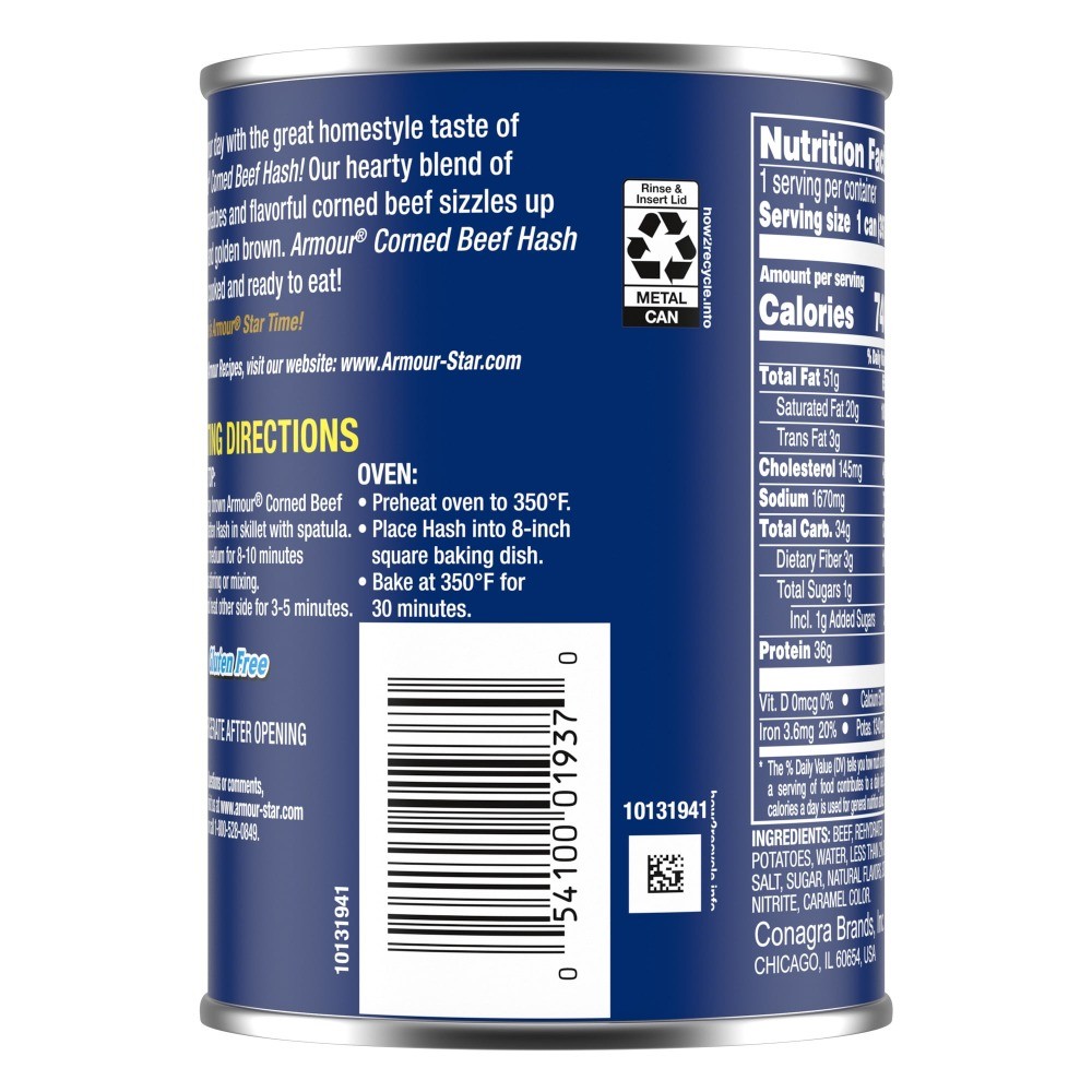 (12 pack) Armour Corned Beef Hash, 16g Protein Per Serving, 14 oz Can