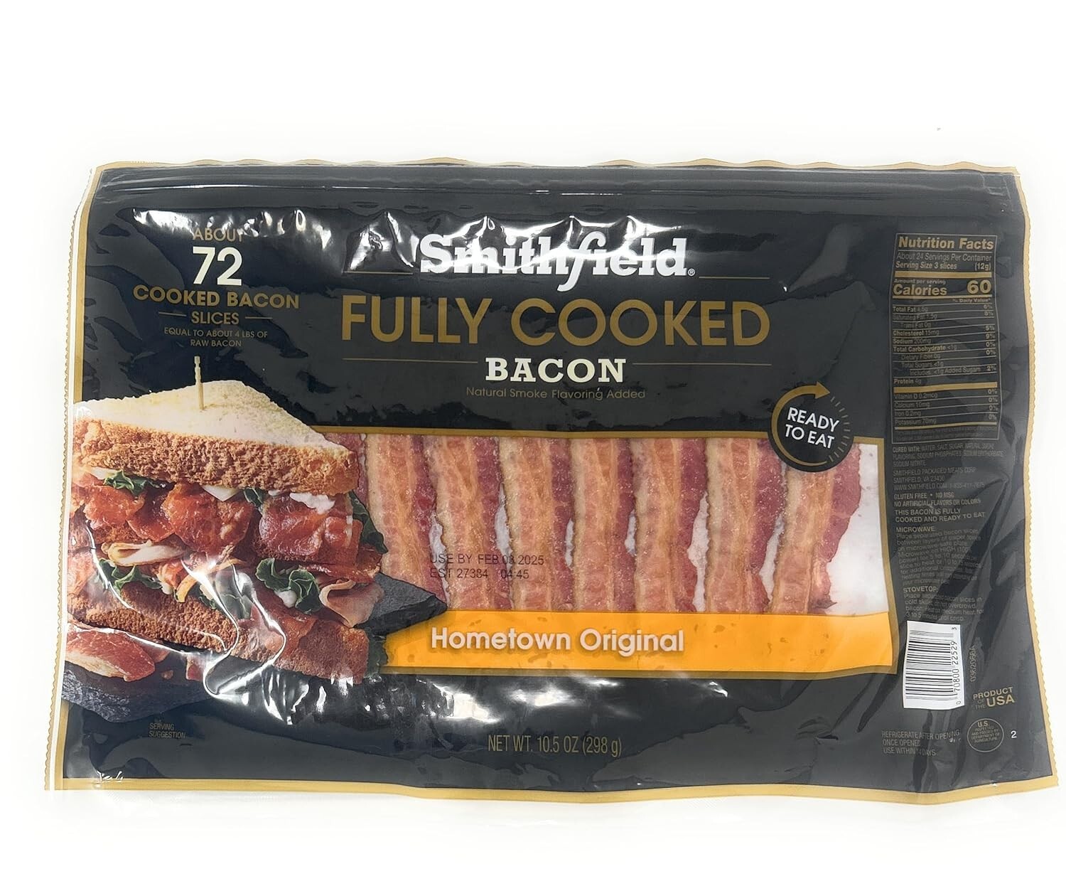 Smithfield Hometown Original Fully Cooked Bacon 10.5oz – 1 package – 72 slices