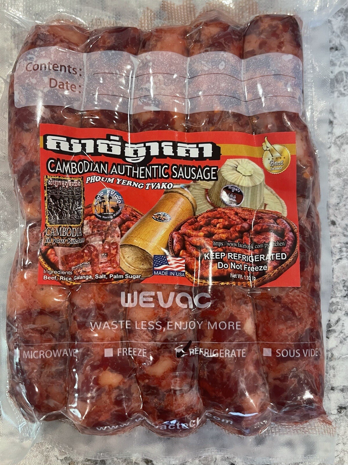 Cambodian Sausage – TVA KO (1 Pack of 10) $20 Khmer Authentic Beef Sausage Spicy