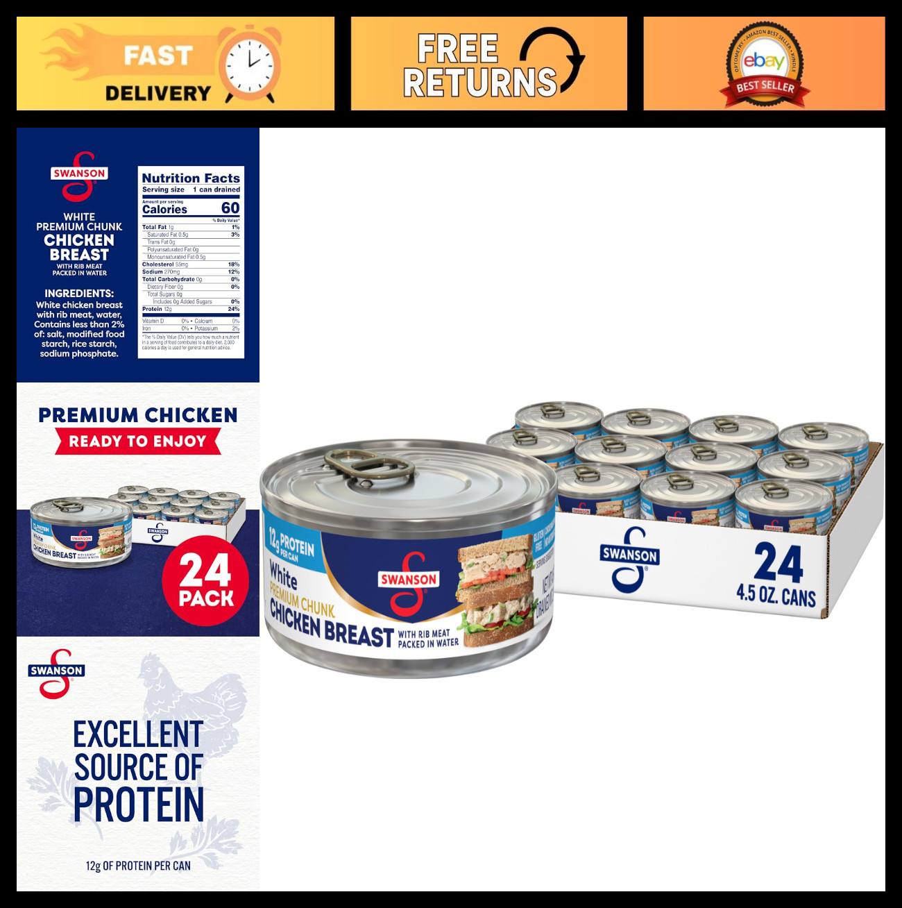 Premium Chunk Canned Chicken Breast in Water, Fully Cooked, 4.5 OZ, Case of 24