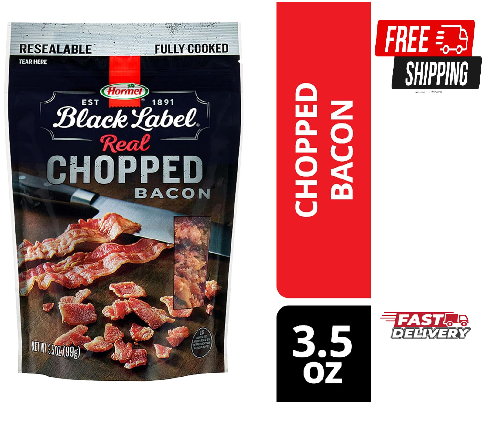 Hormel Black Label Fully Cooked 100% Real Chopped Bacon, Natural Smoked, 3.5 Oz