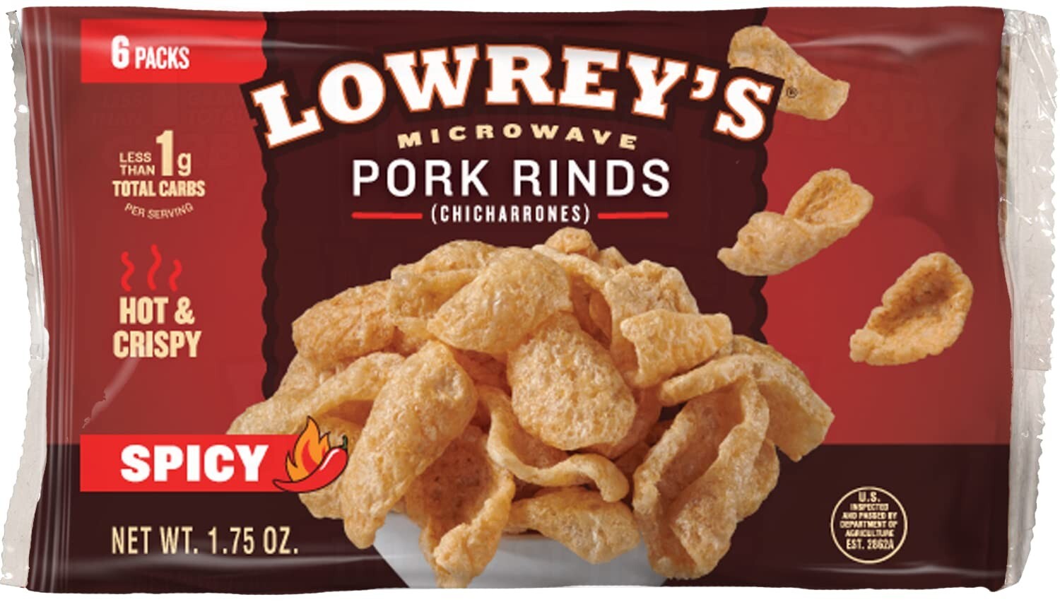 Delicious Low-Carb Hot & Spicy Pork Rinds, 1.75oz Bags, 18 Pack – Snack Anytime!