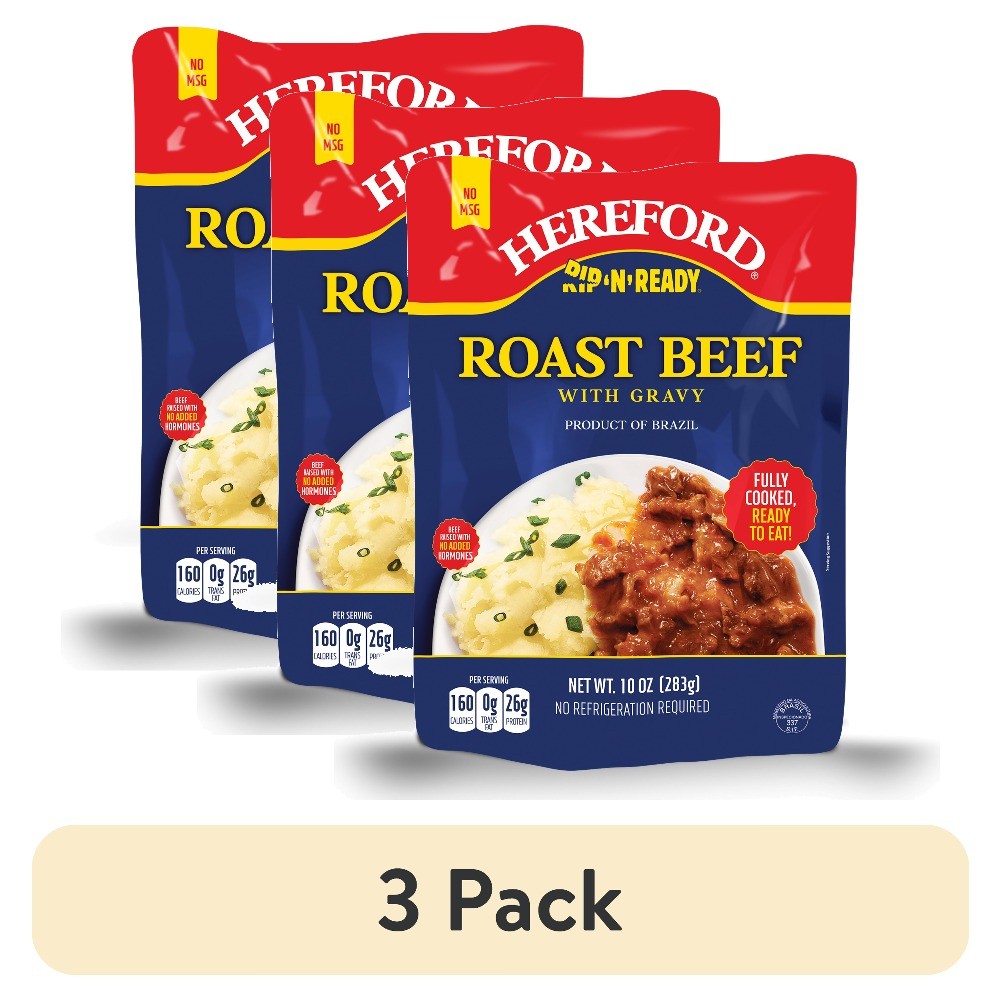 (3 pack) Hereford Fully Cooked Roast Beef with Gravy, Shelf Stable Pouch, 10 oz
