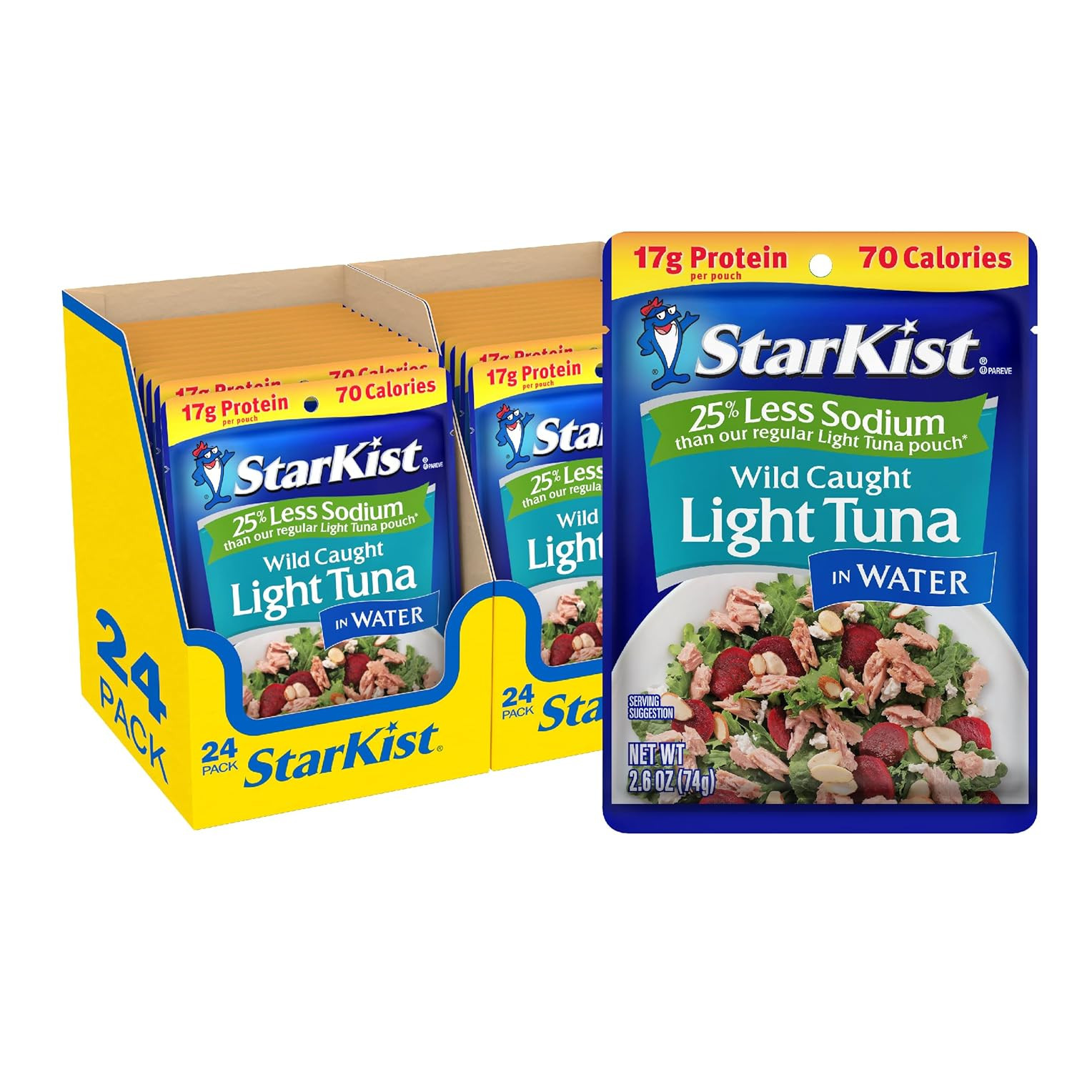 Reduced Sodium Chunk Light Tuna in Water, 2.6 oz Pouch (24 Pack) Ready to Eat Wi