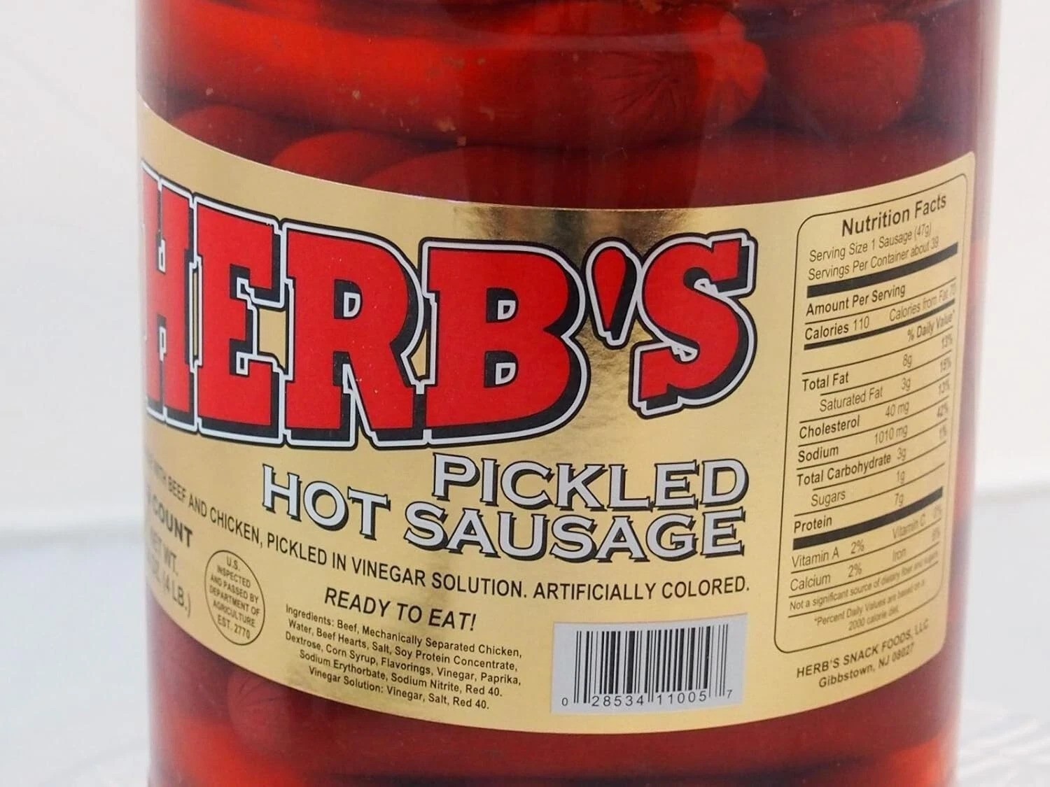 Herb’s RED HOT Pickled Sausages – Spicy 1 Gal. Jar for Parties & Outdoor Fun