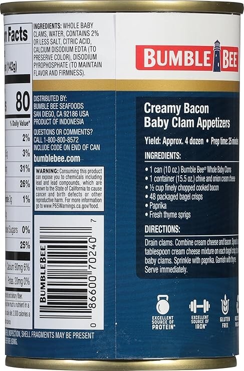 Bumble Bee Whole Baby Canned Clams, 10 oz Can – Ready to Eat – 14g Protein