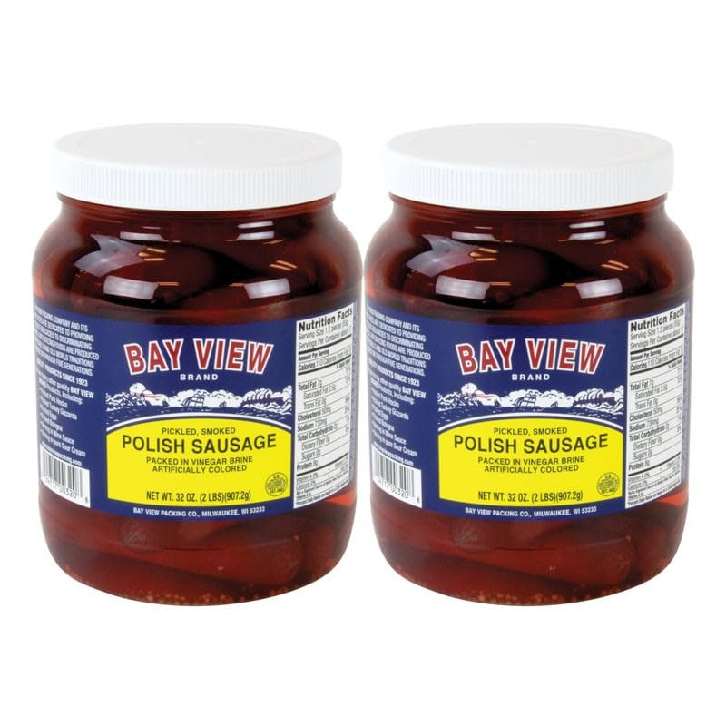 Bay View Pickled Polish Sausage 2lb Pack of 2 Beef Sausage Jars Imported