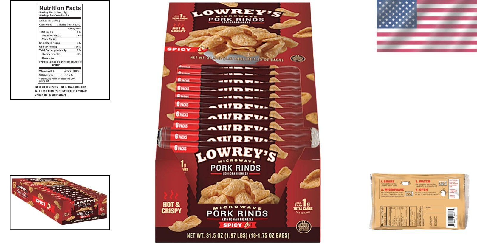 Delicious Low-Carb Hot & Spicy Pork Rinds, 1.75oz Bags, 18 Pack – Snack Anytime!