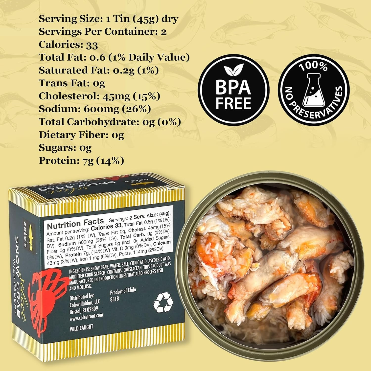 Ready-to-Eat Wild-Caught Snow Crab Meat – 5.3 oz Can, Perfect for Salads & Dips