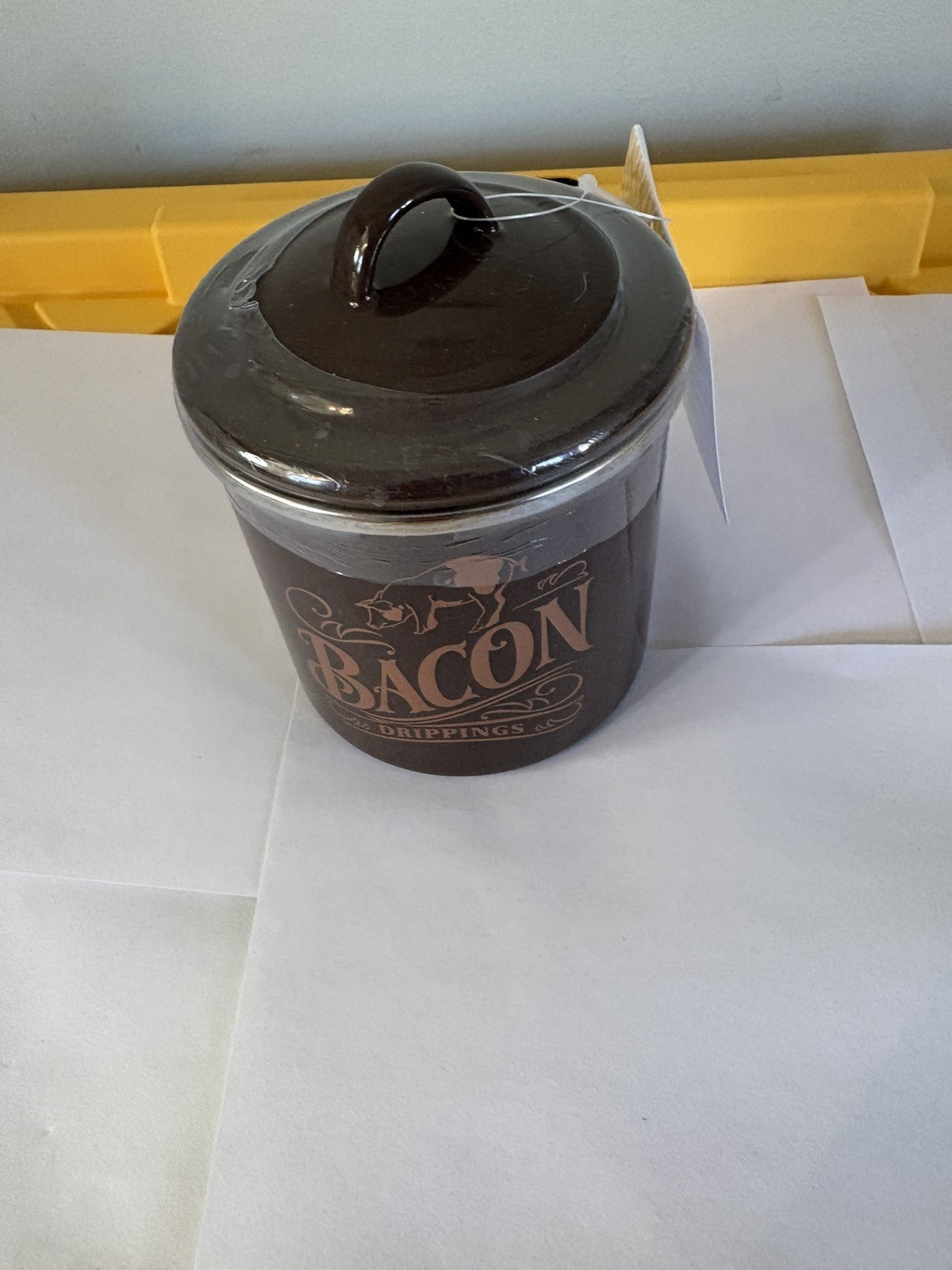 Bacon Grease Can, sealed never used brown , made by Ayesha
