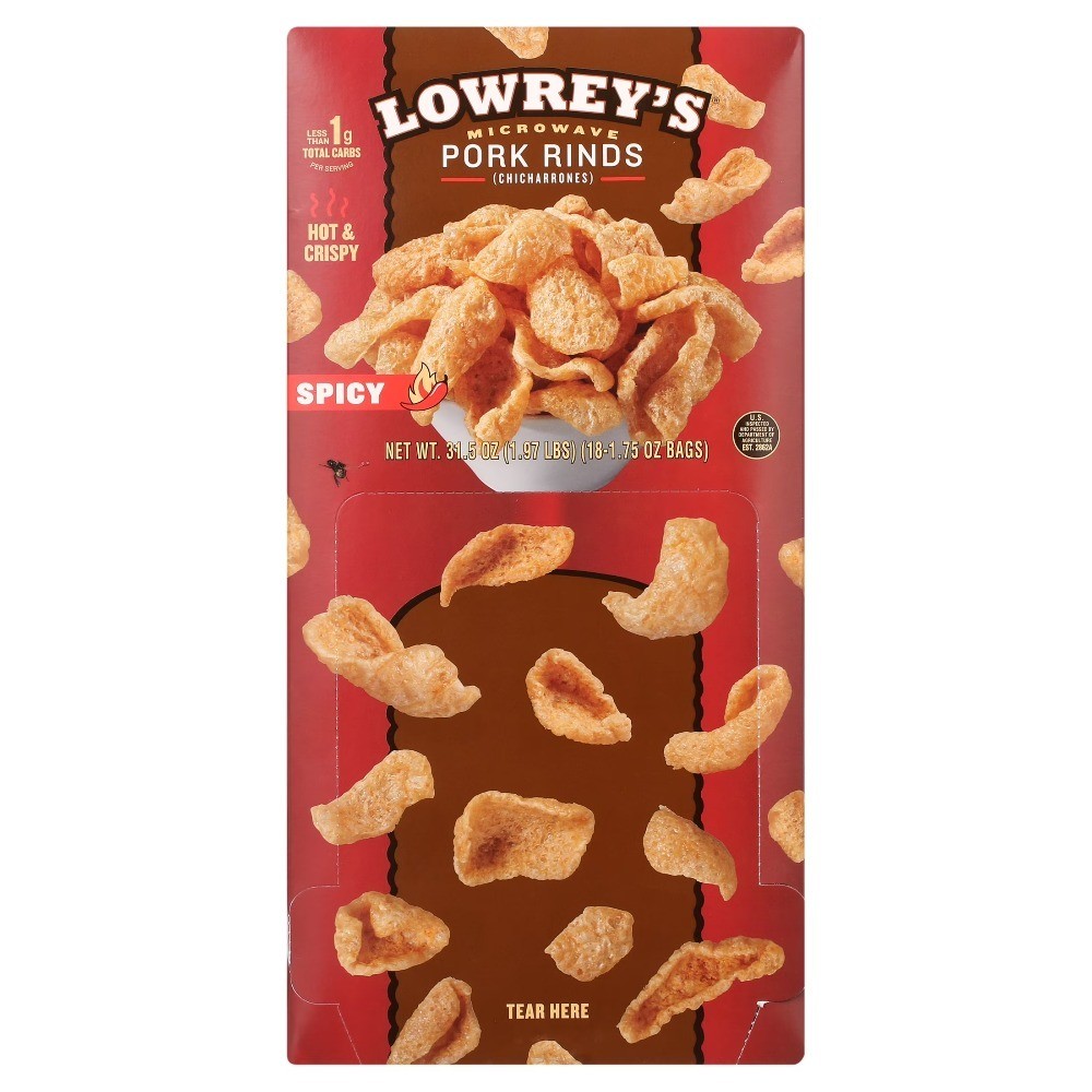 Hot and Spicy Pork Rinds Snacks 1.75 Oz Bag 18-Pack Crunchy Keto Friendly Gluten