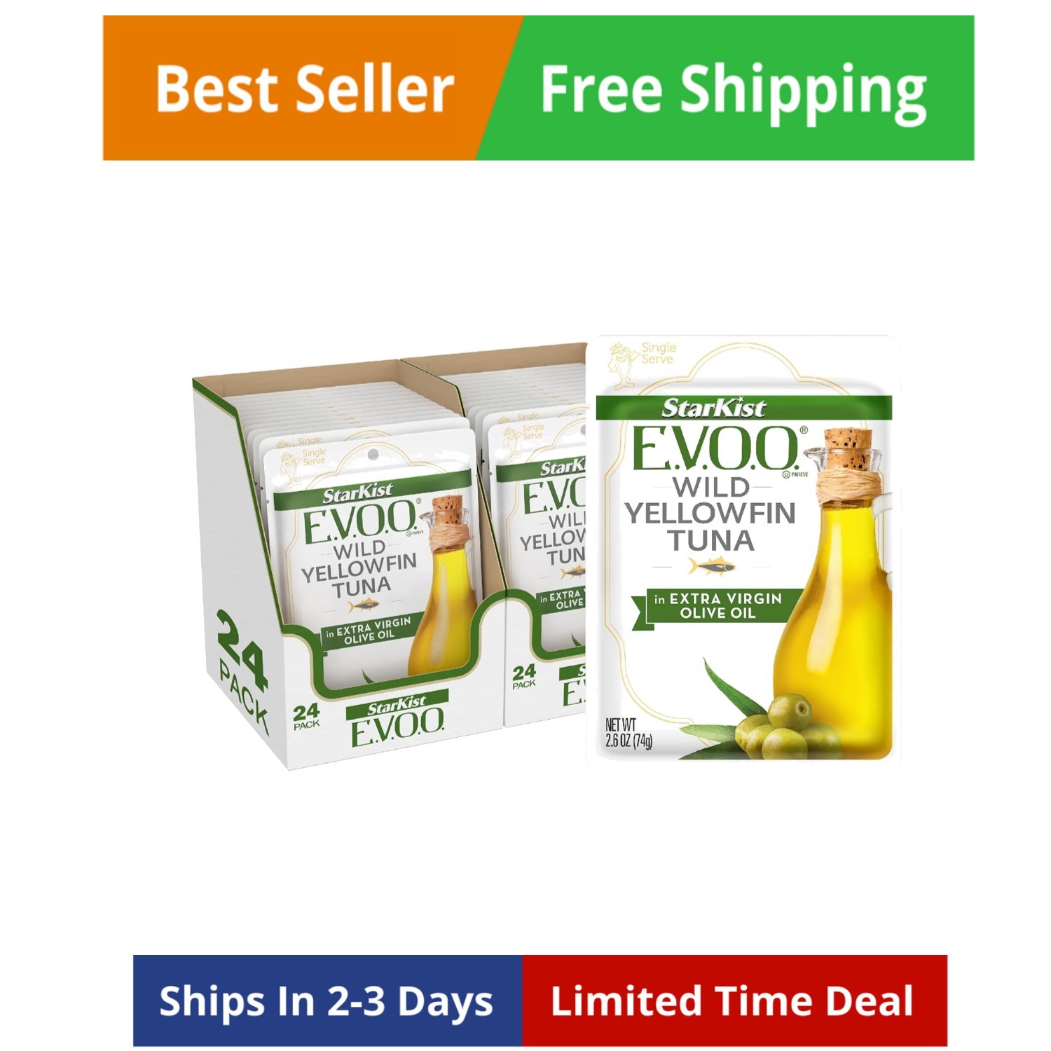 E.V.O.O. Yellowfin Tuna in Extra Virgin Olive Oil, 2.6 Oz, Pack of 24