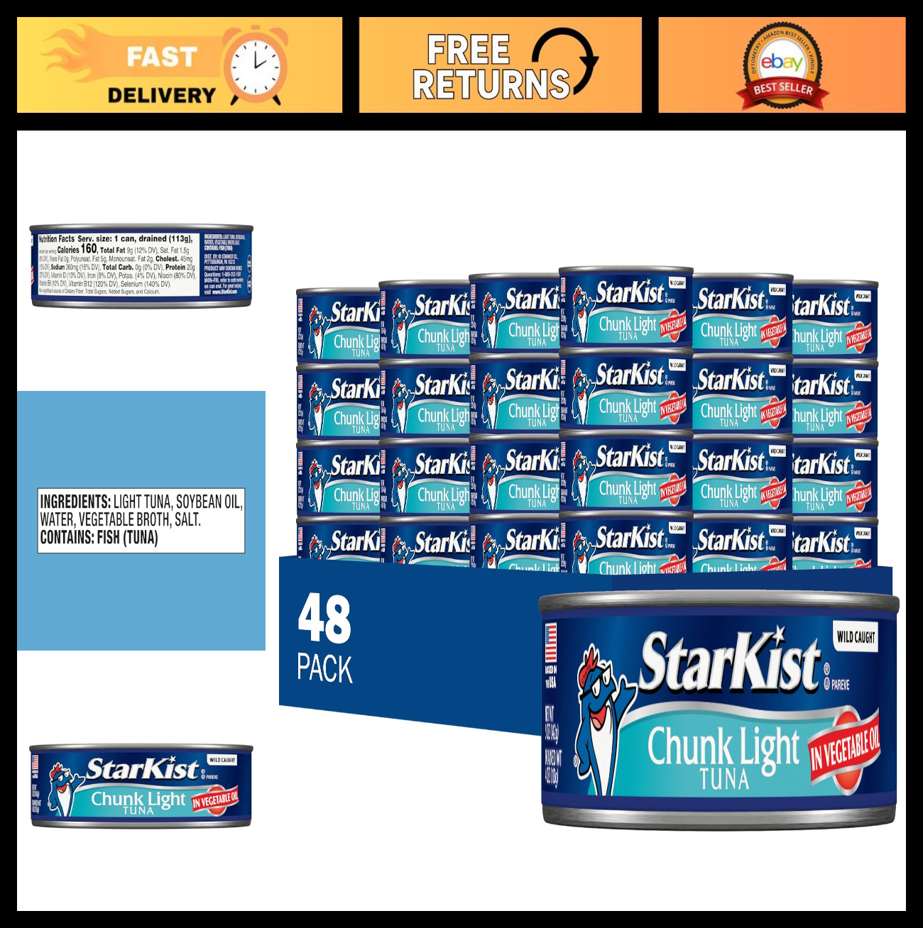 Chunk Light Tuna in Oil, 5 Oz – 48 Pack, High Protein, Low Fat, Canned Seafood