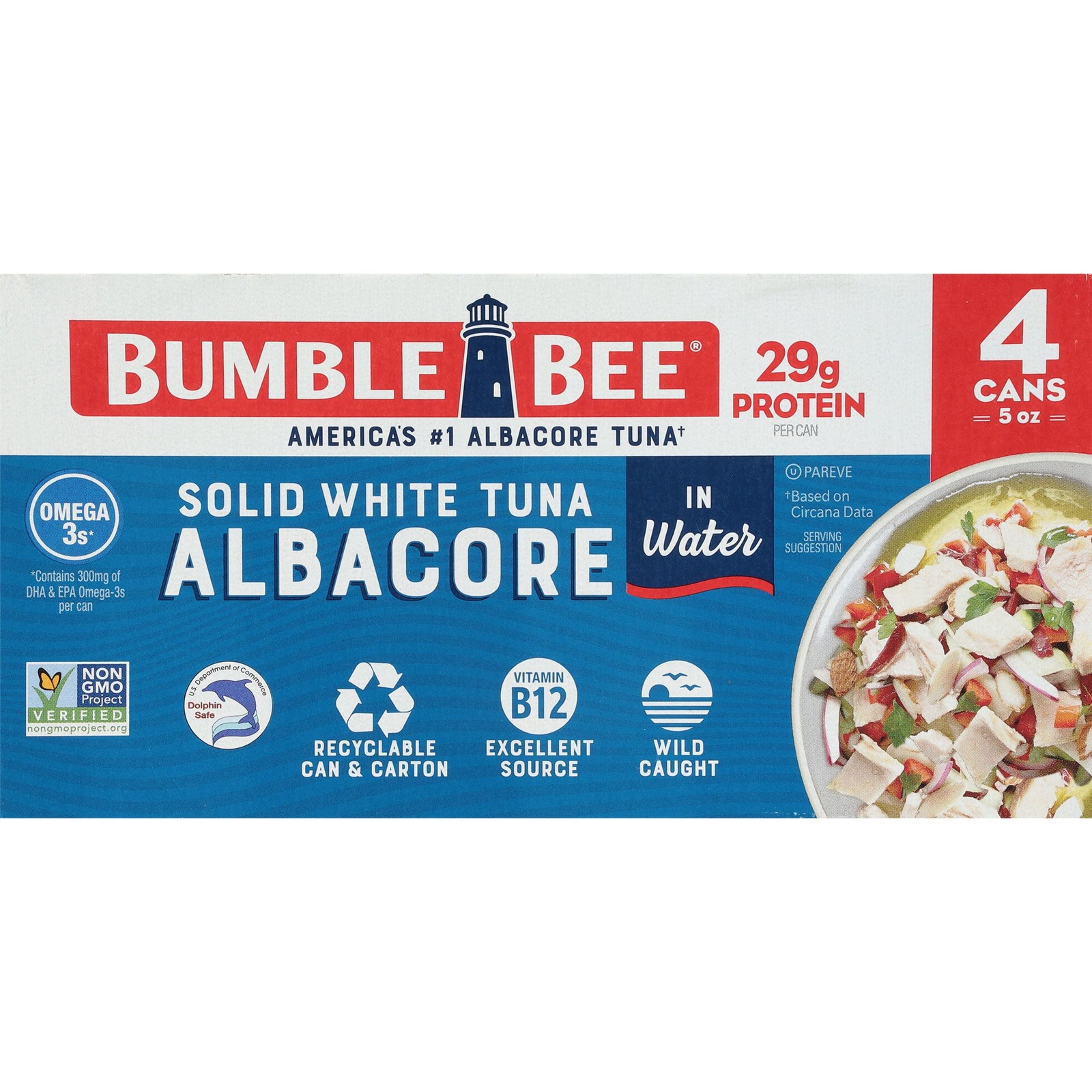 (4 Cans) Bumble Bee Solid White Albacore Tuna in Water, 5 oz