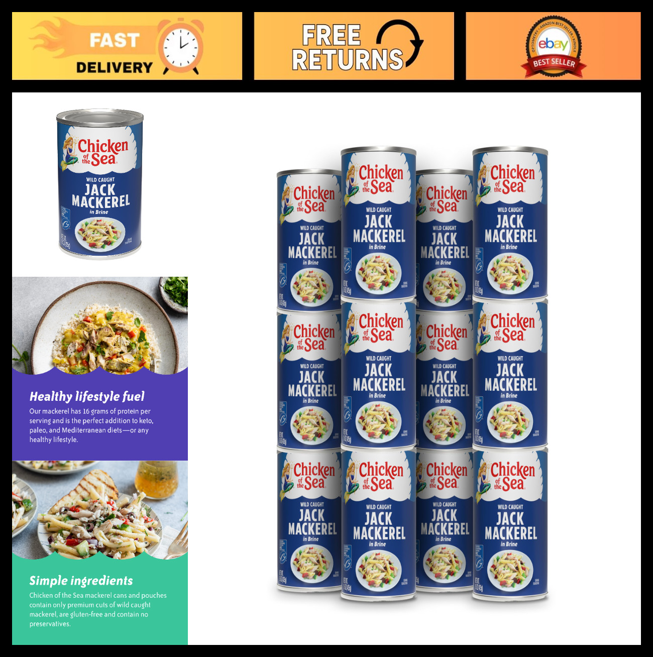 Nutrient-Rich Wild Caught Jack Mackerel in Brine, 15 oz Cans (12 Pack)