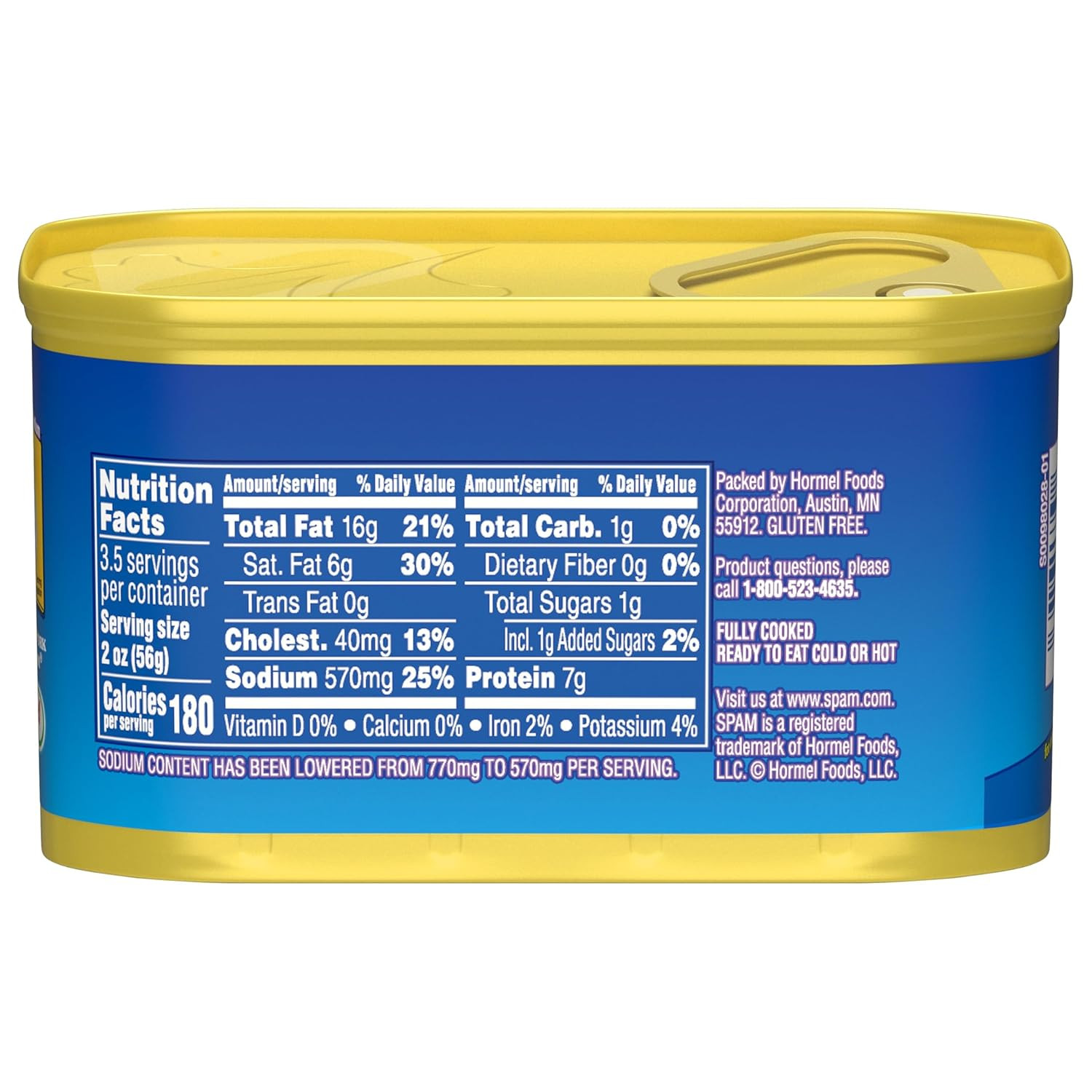 SPAM 25% Less Sodium Canned Meat, Fully Cooked Pork with Ham, 7 oz, 12 Pack