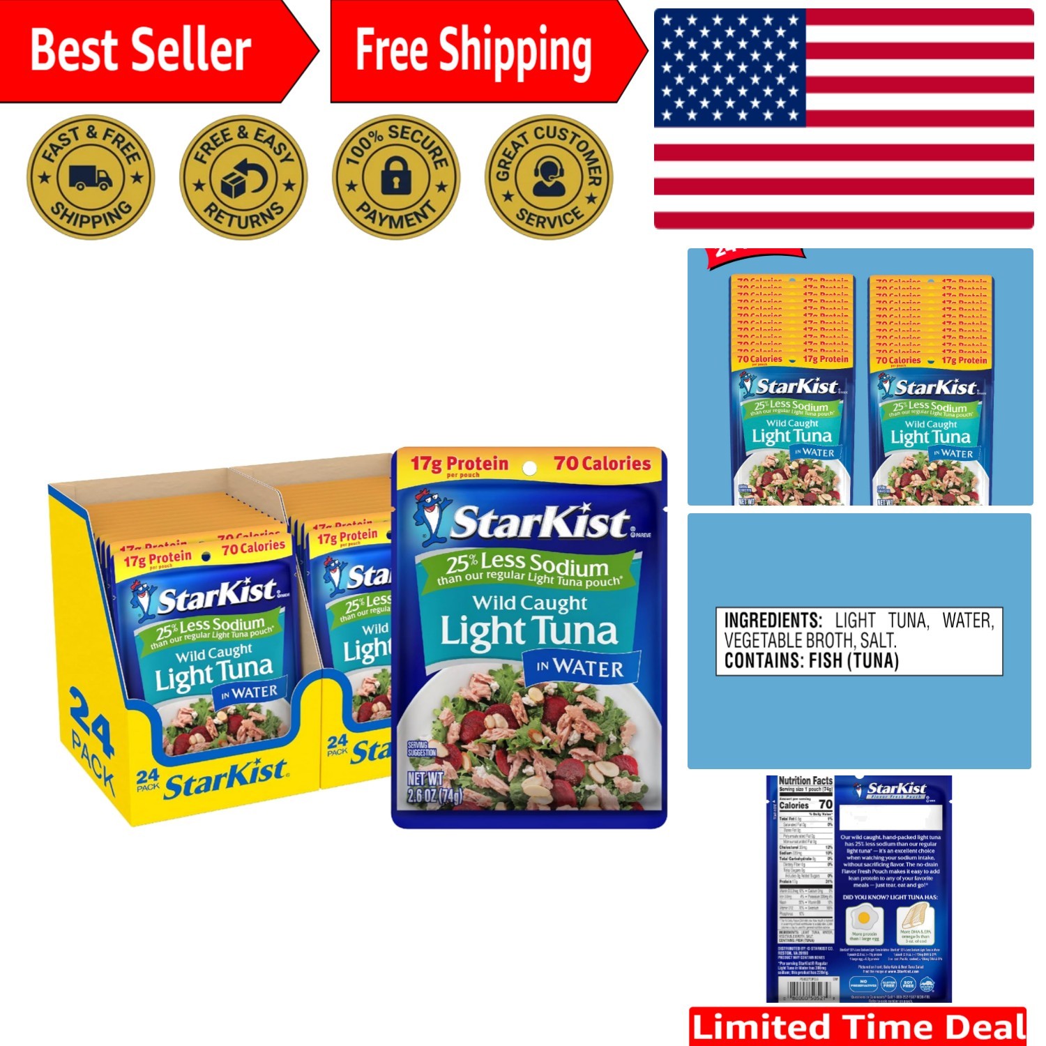 Delicious Reduced Sodium Tuna Pouches, 24 Pack, Ideal for Quick Healthy Meals