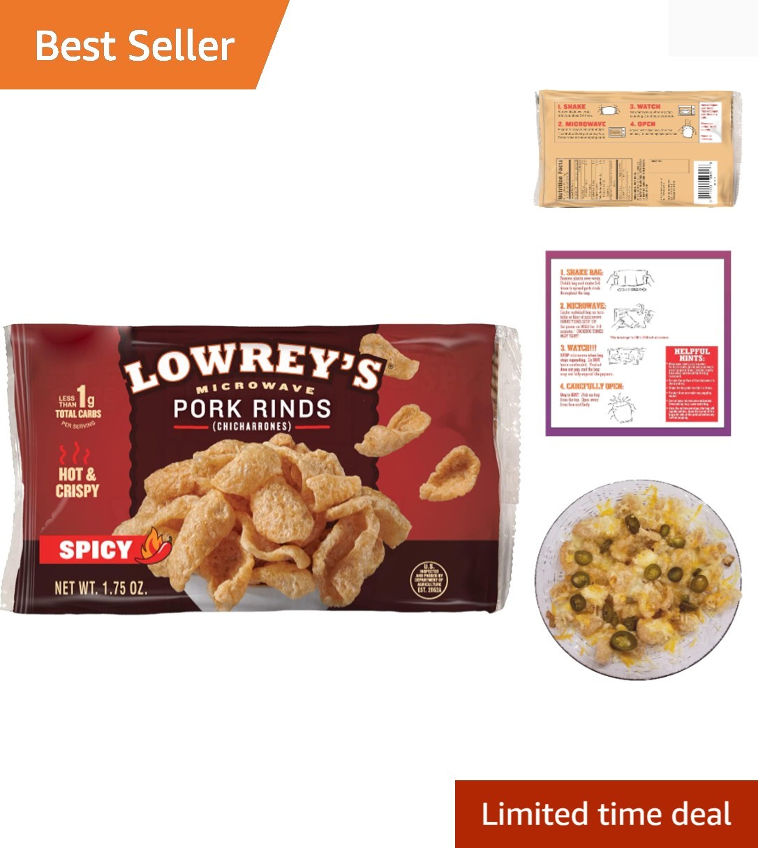 Lowreys Bacon Curls | Microwave Pork Rinds | Hot & Spicy | Four 1.75-oz. Packets