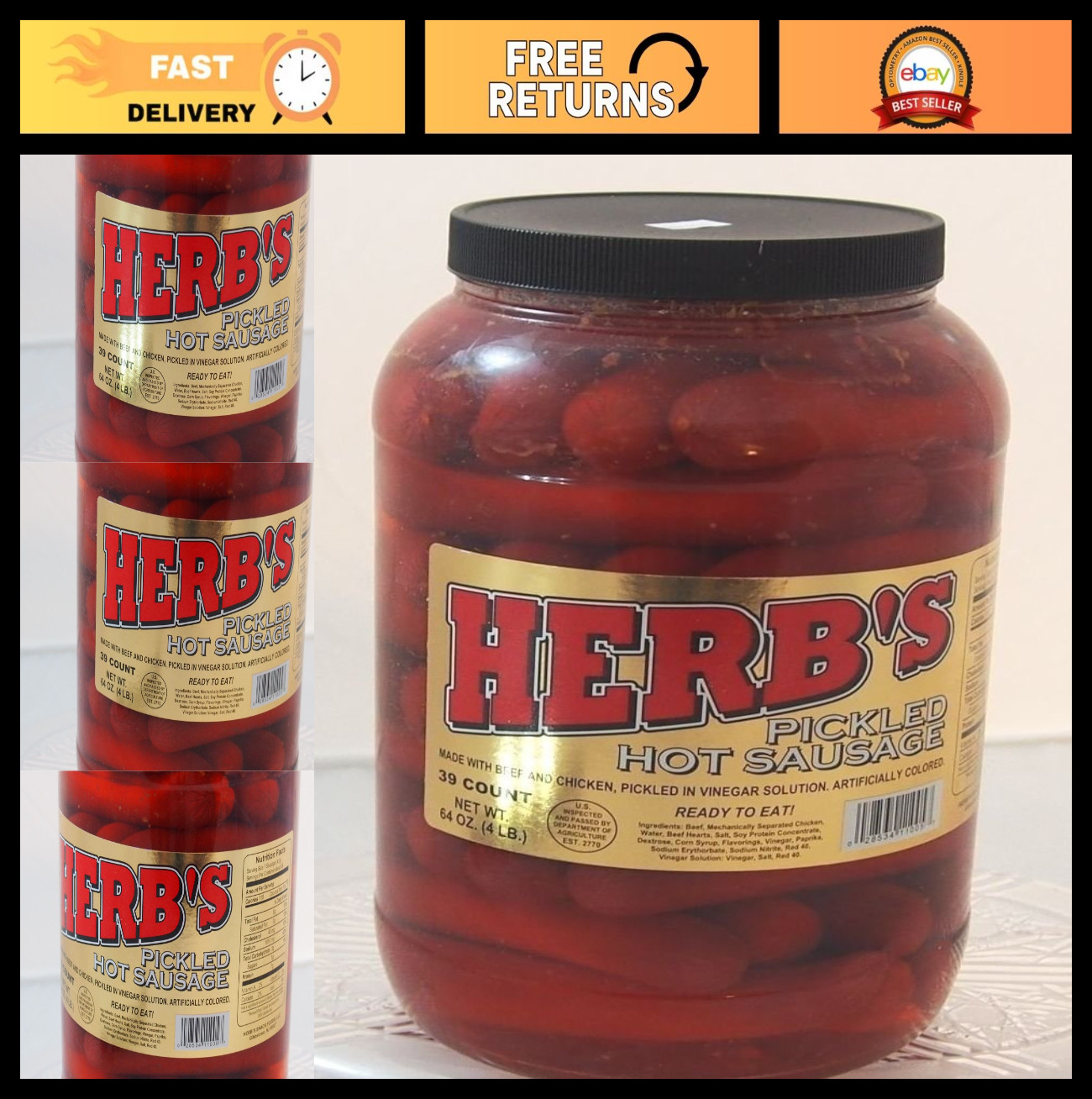 Spicy Pickled Sausage – 1 Gallon Jar, 39 Count, Beef & Chicken, No Pork