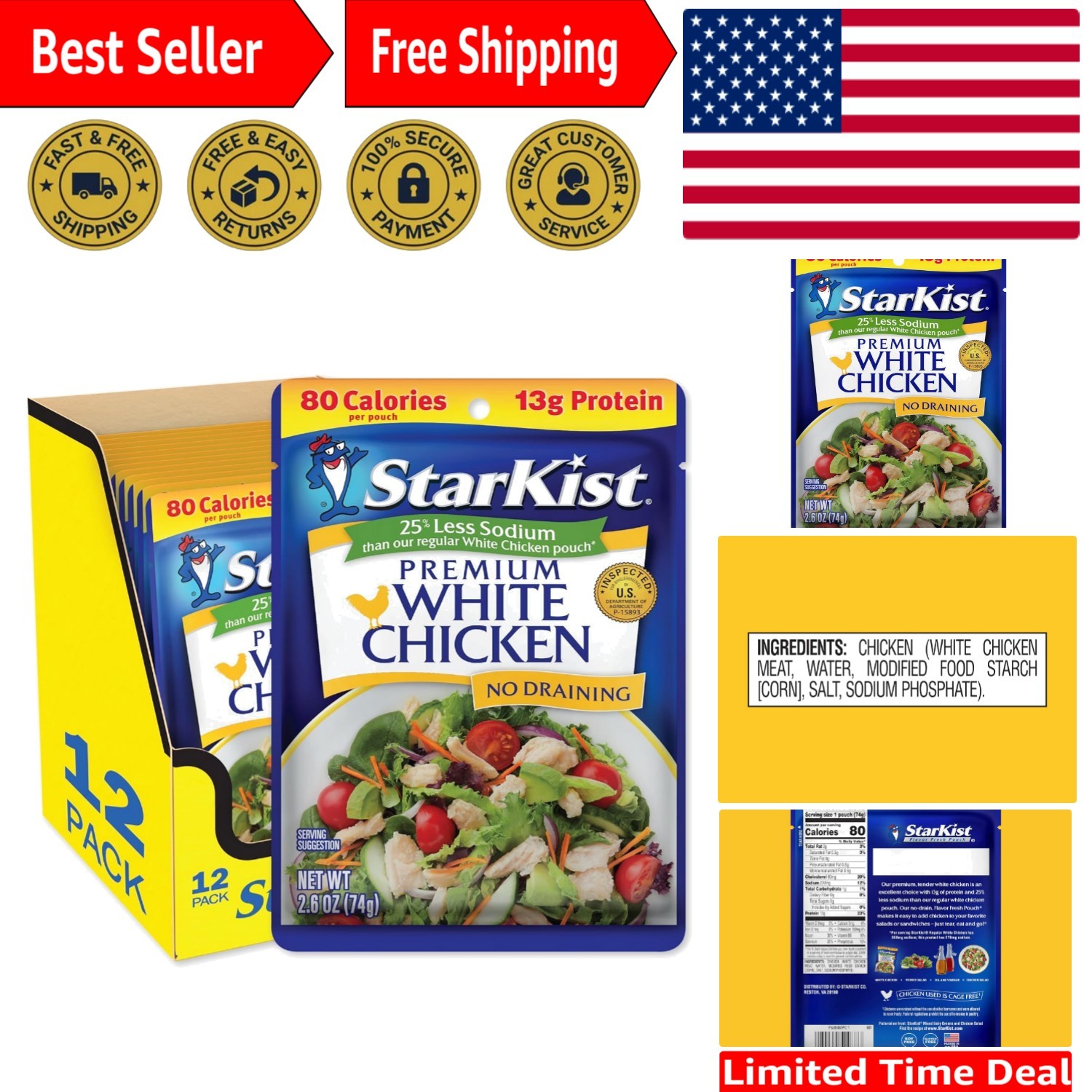 Tender White Chicken – 12 Pouches of Delicious Low-Sodium Convenience