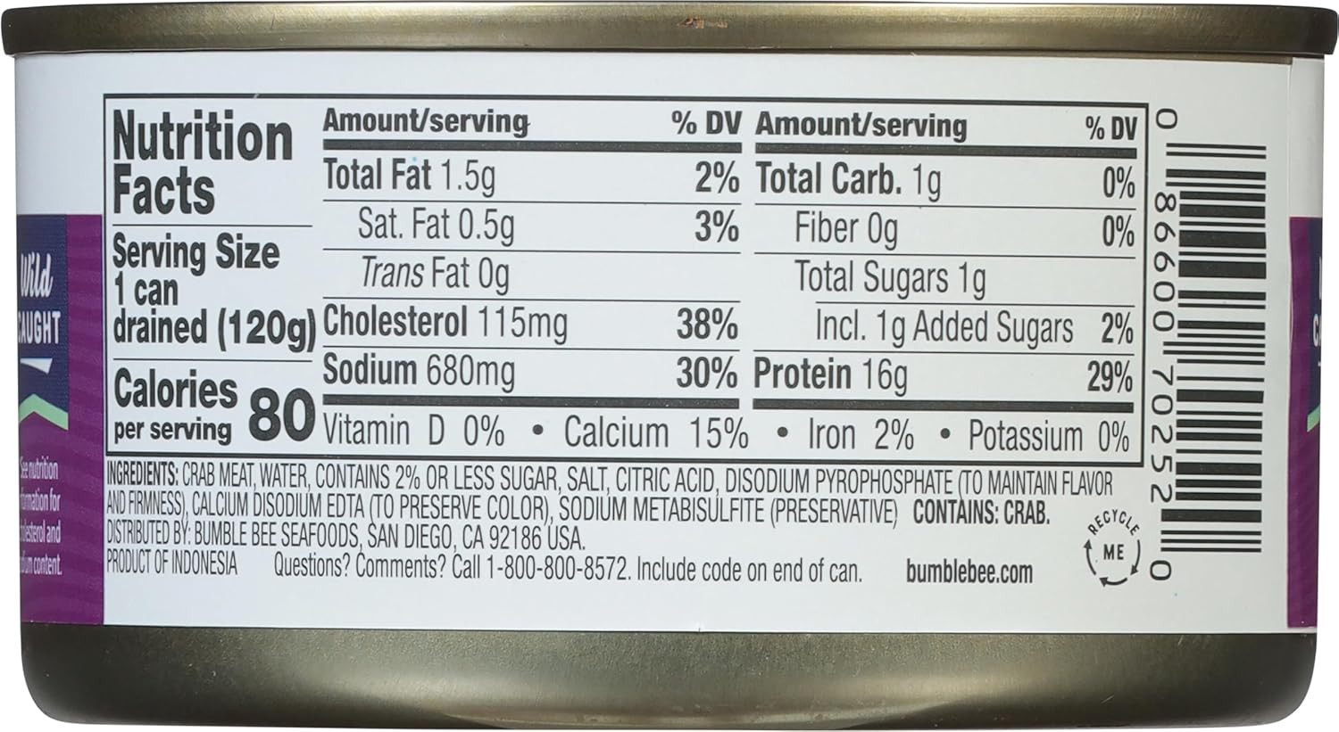 Lump Crab Meat, 6 Oz Can – 14G Protein & 1G Carb per Serving – Wild Caught, Smal