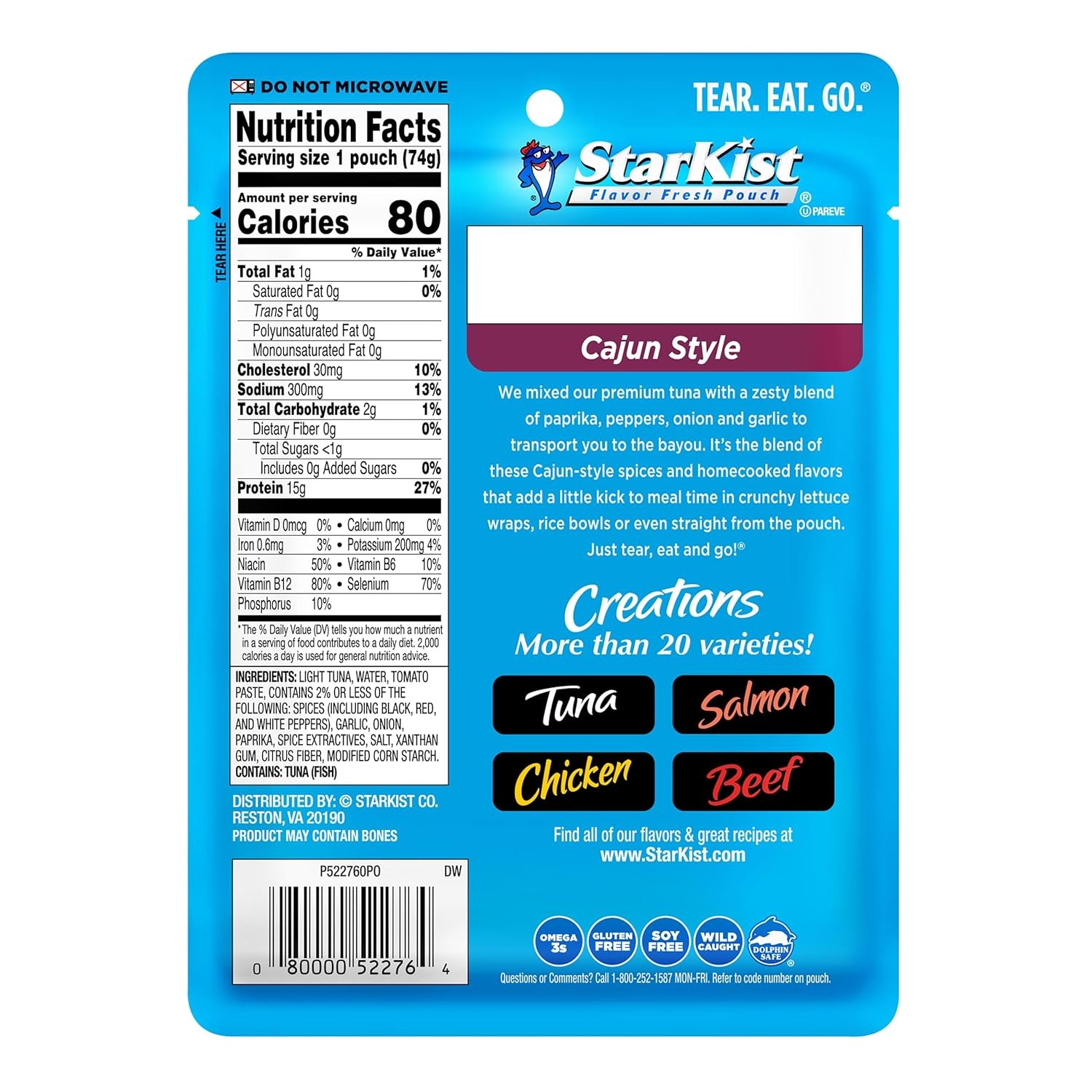 Tuna Creations Cajun Style Pouch 2.6 oz 24 Pack Wild Caught 15g Protein Per