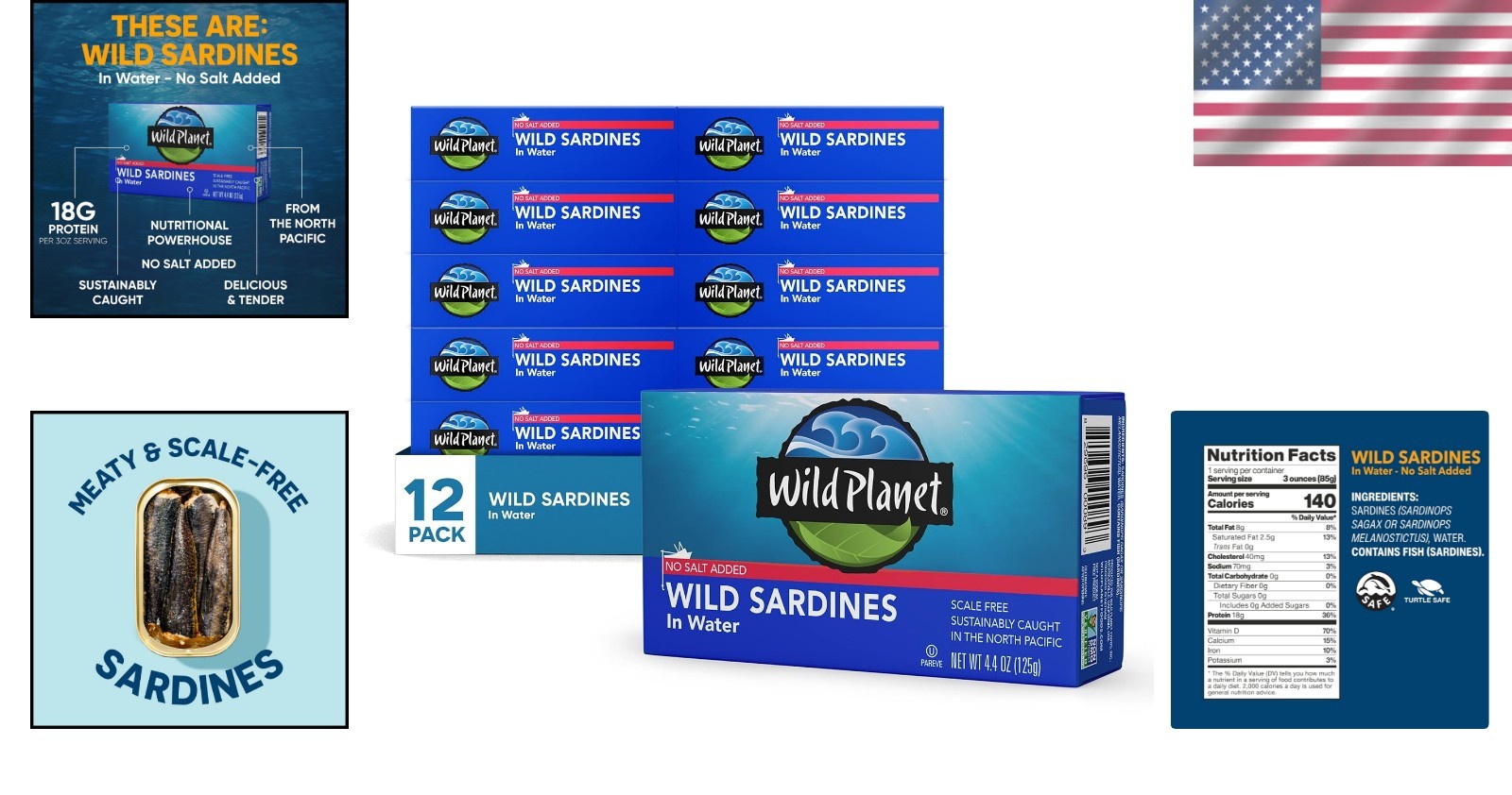 Sustainable Wild Sardines in Water – Meaty, Tender, No Salt Added, 4.4 oz x 12