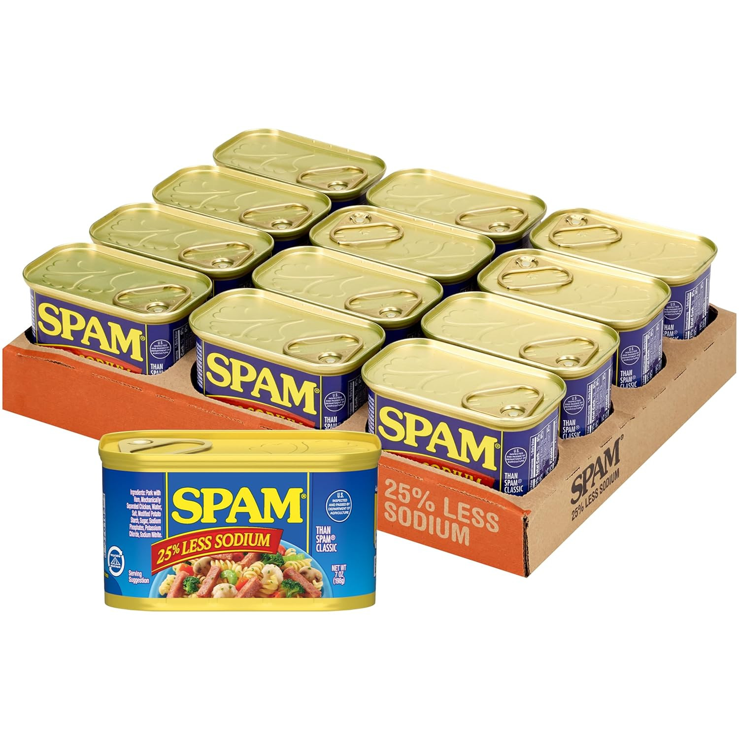 SPAM 25% Less Sodium Canned Meat, Fully Cooked Pork with Ham, 7 oz, 12 Pack